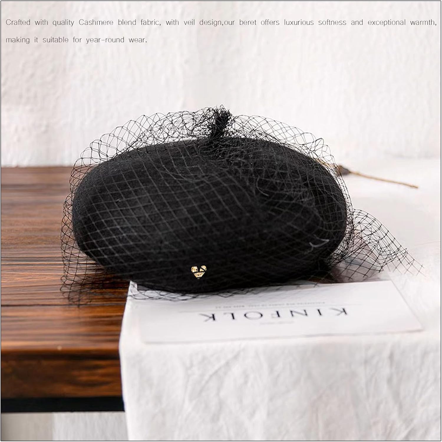 huablo French Berets Hat with Veil Premium Cashmere Beret Elegant Church Wool Hat for Women Solid Artist Hat