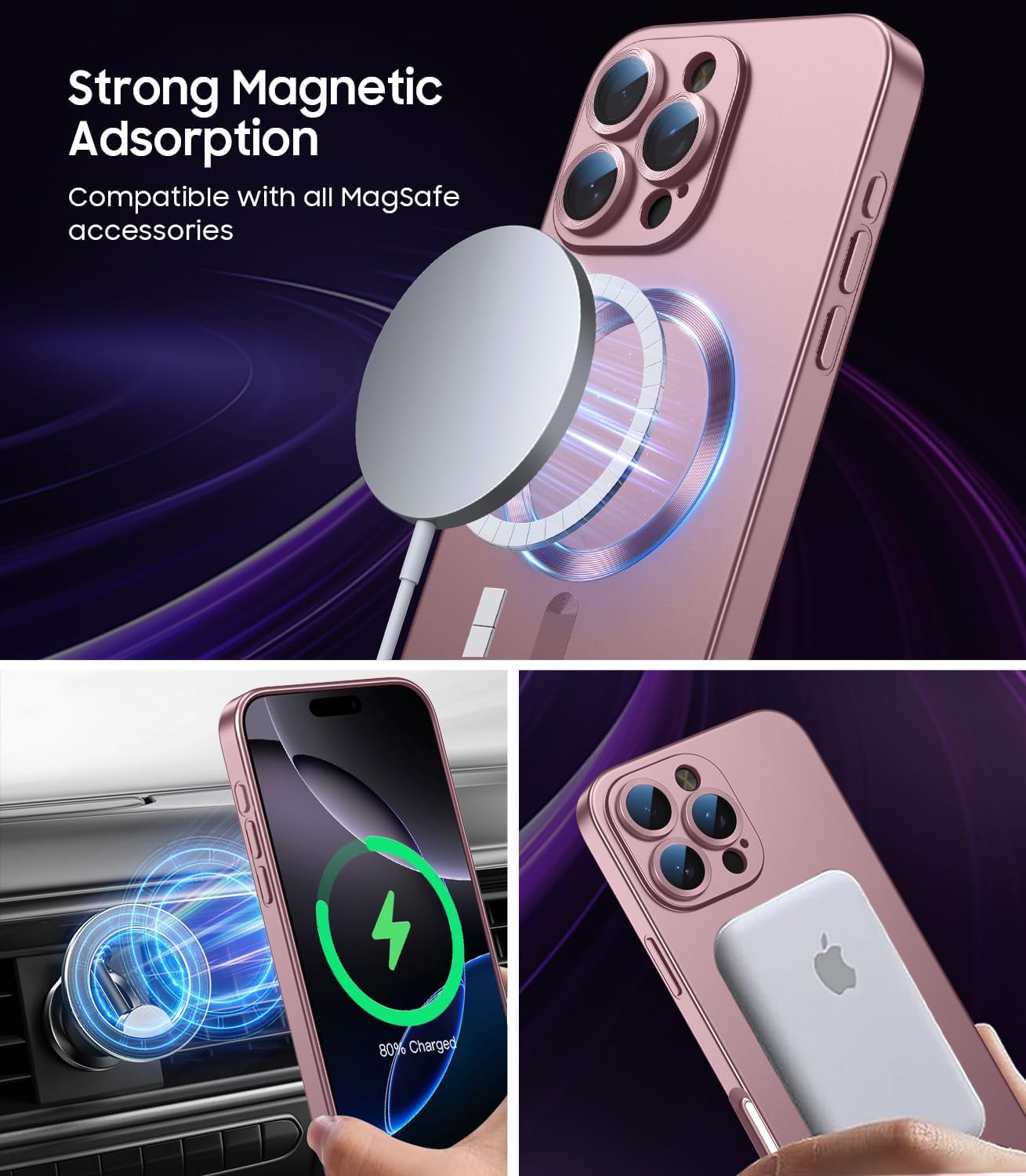 LEKEVO Magnetic for iPhone 16 Pro Max Case [Compatible with MagSafe][Built-in Camera Lens Protector] Slim Soft Silicone Bumper Shockproof Metallic Luster Phone Case (Rose Gold) image 3