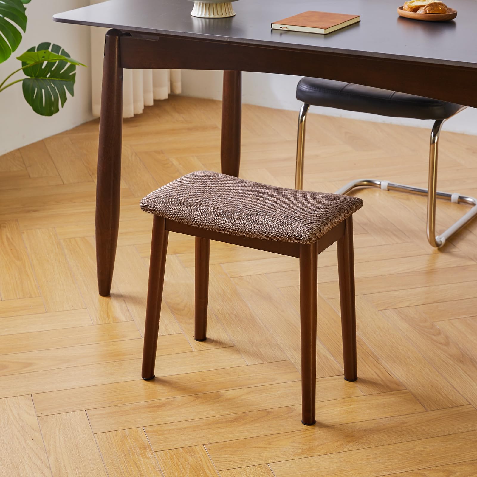 Taburete de tocador con cojín de silla de montar, taburete con patas de madera maciza, moderno banco otomano para piano, asiento tapizado para dormitorio, entrada, patas de nogal y lino marrón 2