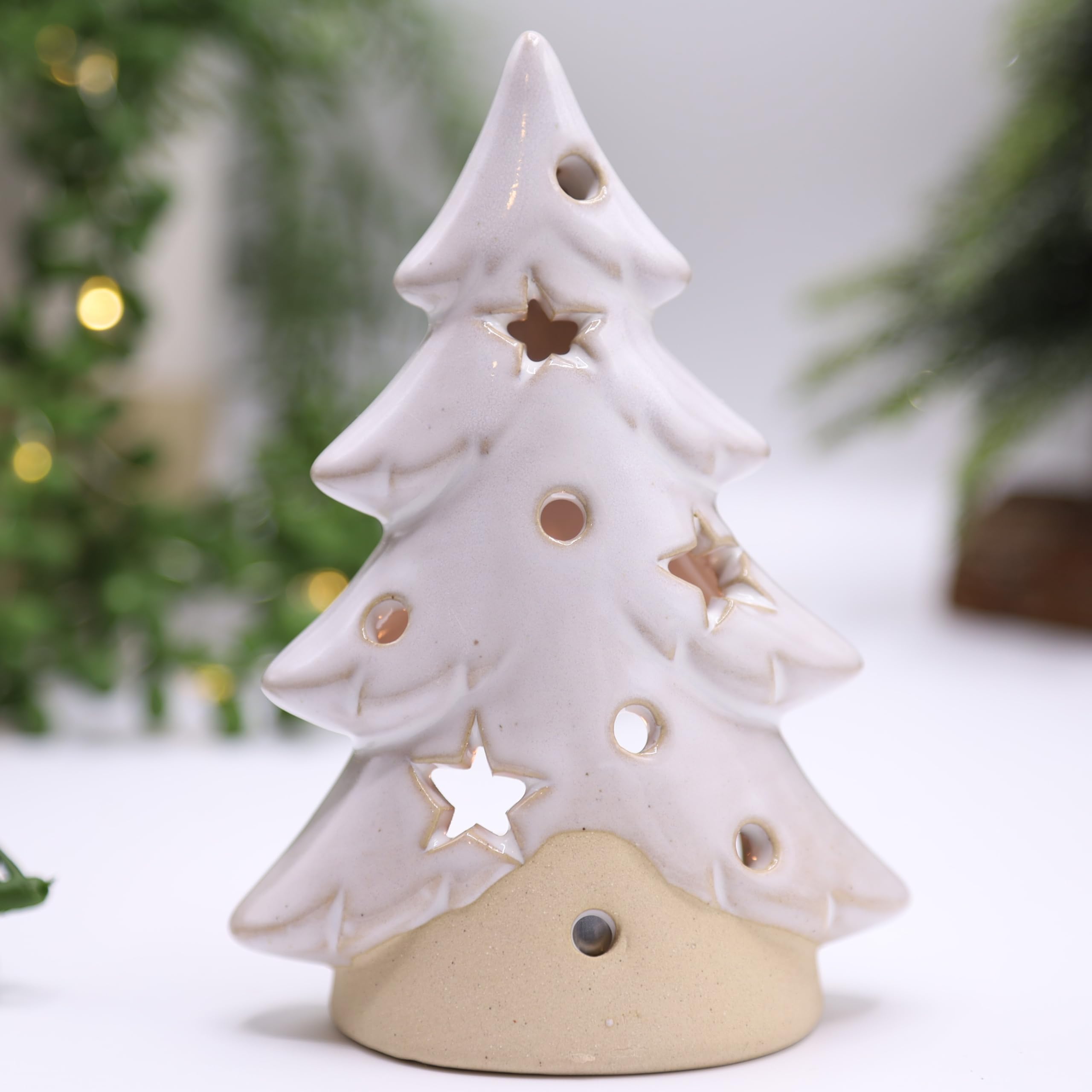 Beige Ceramic Tree Tealight Holder with Stars Cut Out Christmas Festive Decor (Medium)
