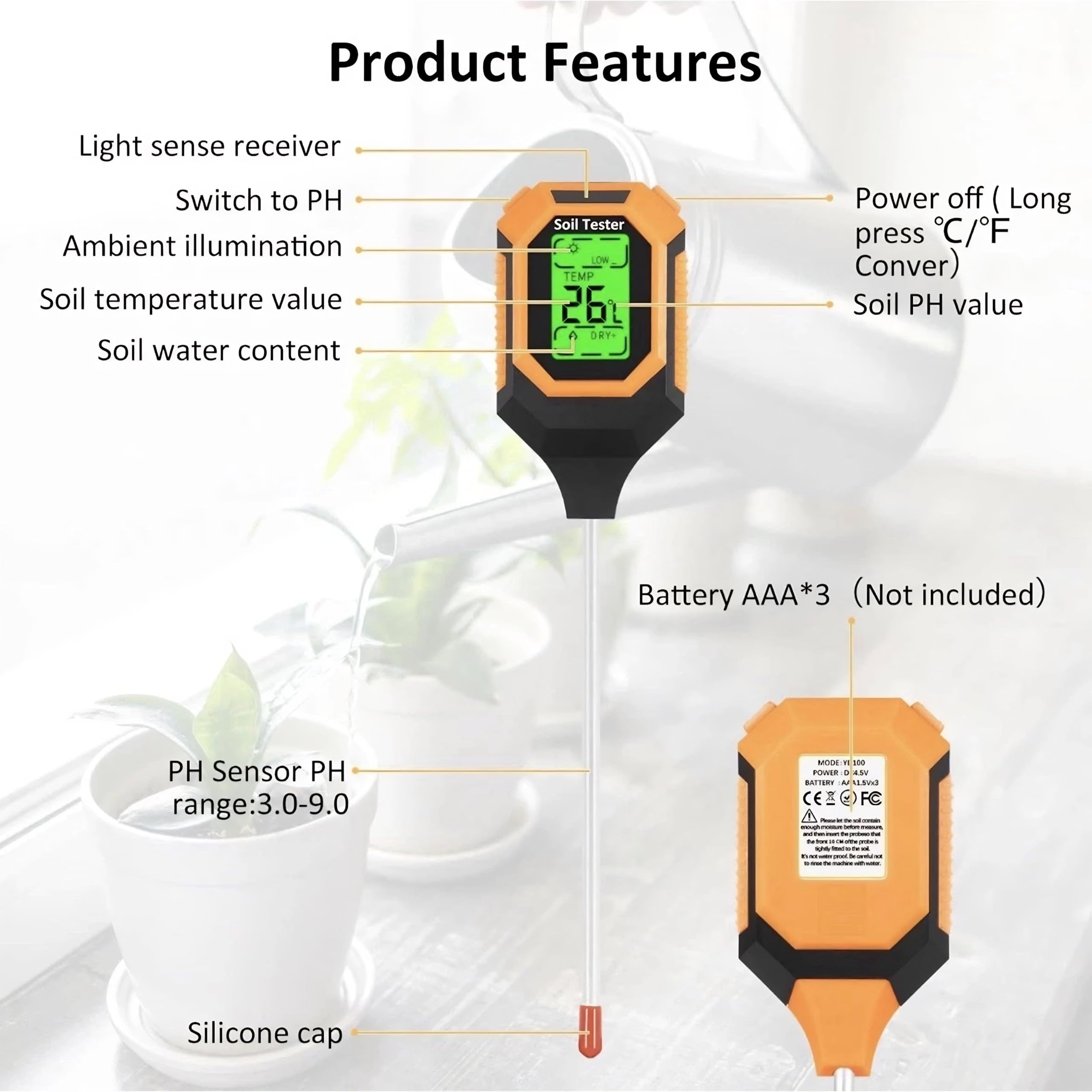 4-in-1 Soil Moisture Meter - PH, Temp, Light & Humidity -2 4-in-1 Soil Moisture Meter - PH, Temp, Light & Humidity -2