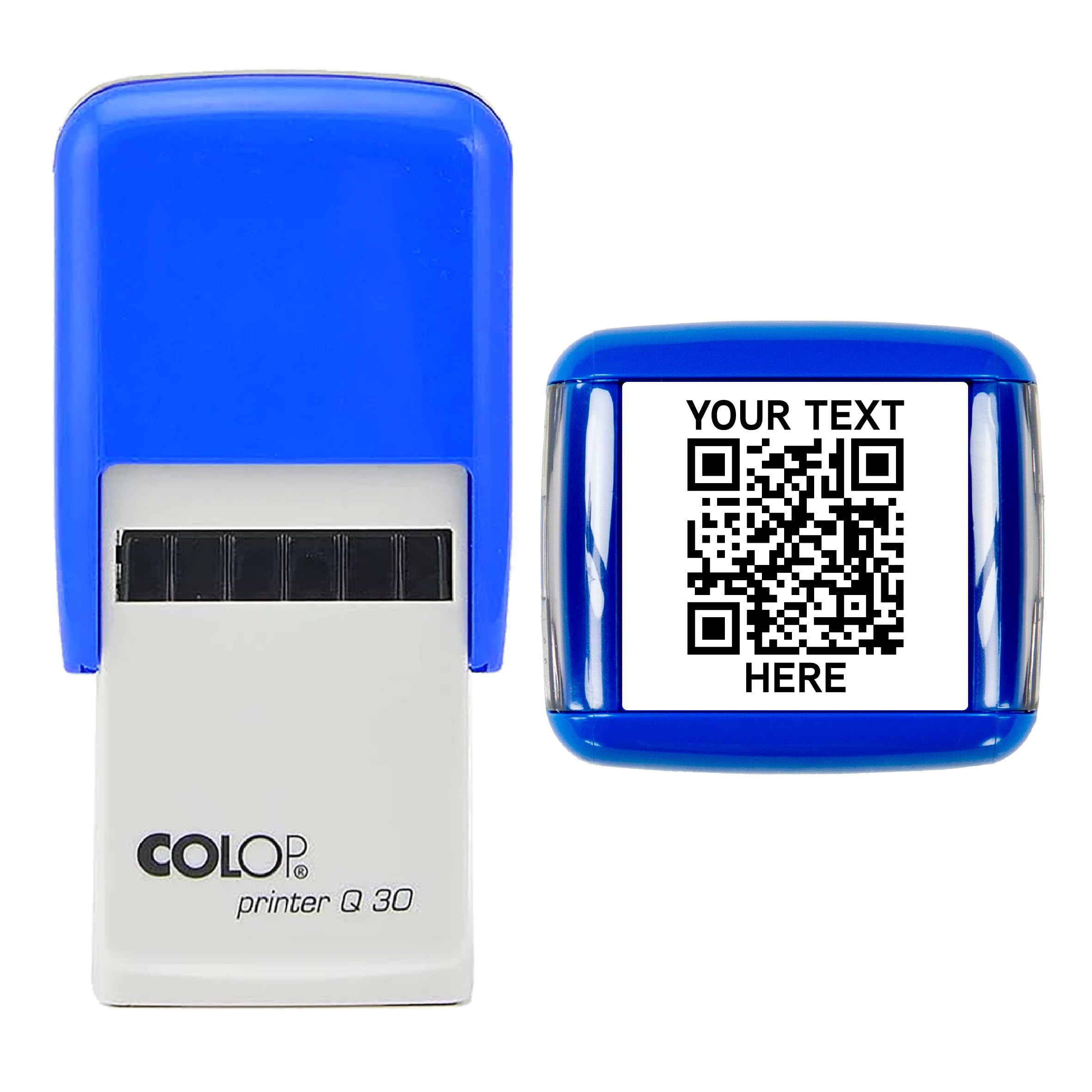 Personalised QR Code Stamp – Custom URL Stamp - Self Inking - 30mm (QR Code + Two Lines of Text)