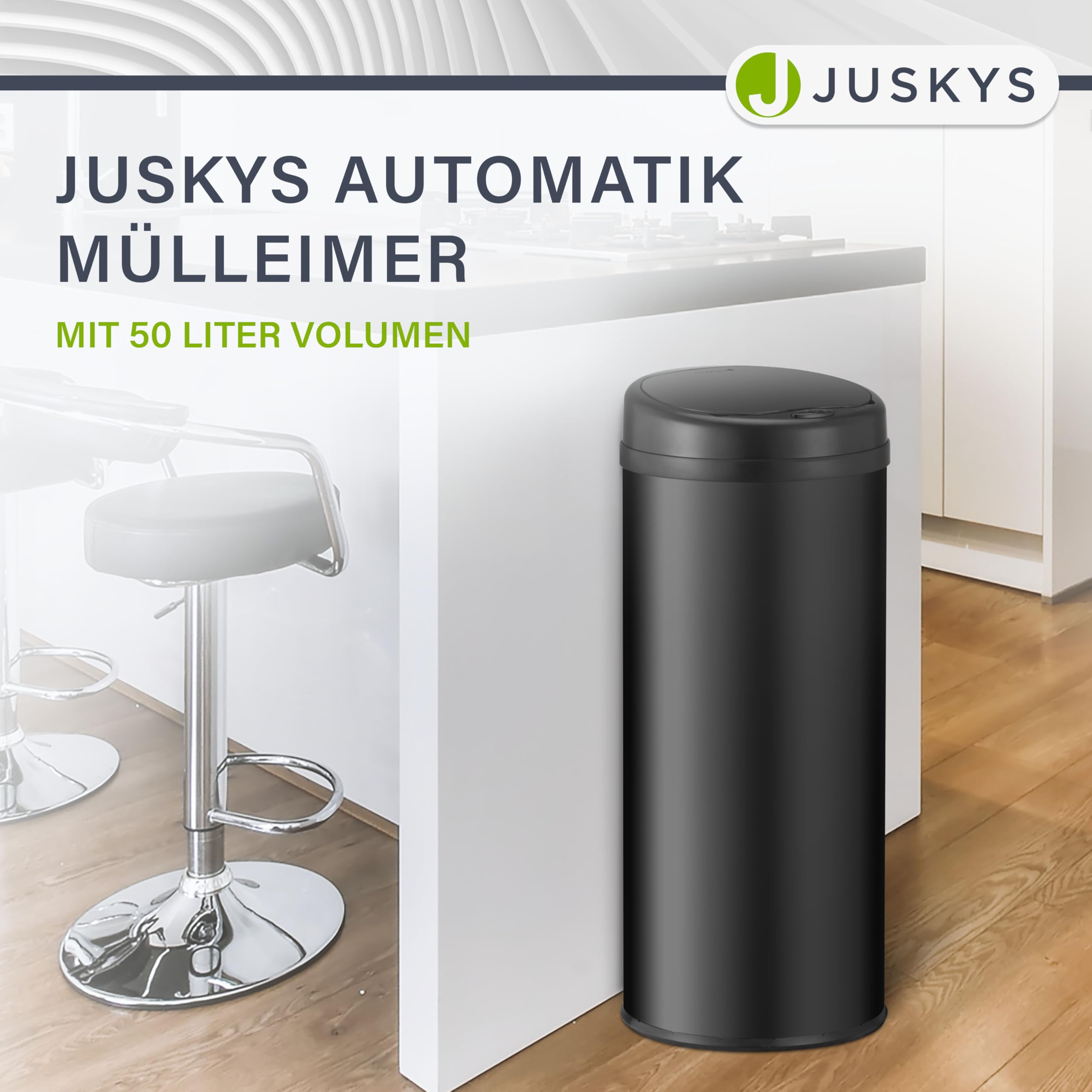 Juskys Mülleimer Küche mit Bewegungssensor Schwarz 50L - Runder Abfalleimer für Kontaktloses Entsorgen mit Klemmring für Müllbeutel - Rostfreier Stahl