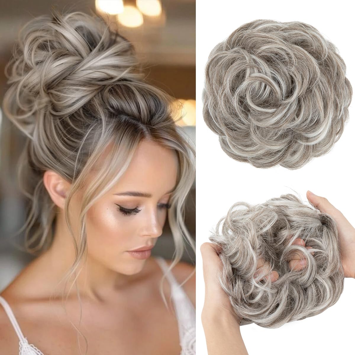SARLA Messy Bun Hair Piece for Womens Synthetic Scrunchies Buns Extension Hairpieces Updo Pony Tail Polar Silver
