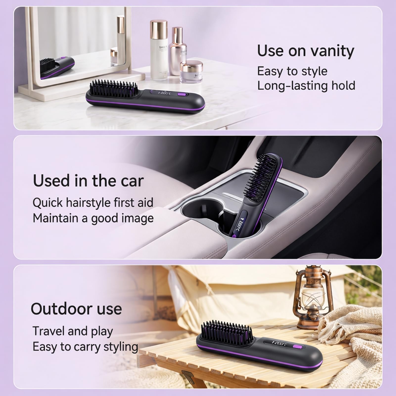 Cepillo Alisador Pelo Inalambrica, Escova Alisadora de Cabelo Iónico, Peine Alisador de Cabello Electrico Portátil, Recarga USB, con Pantalla LCD, 3 Modos Ajustable, 160-200°C, Mini Plancha Pelo — view 6
