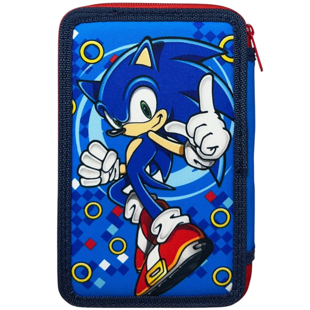 CARTOON Astuccio 3 zip Sonic completo 44 pezzi cancelleria multiscomparto penne matite colori pennarelli giotto per la scuola