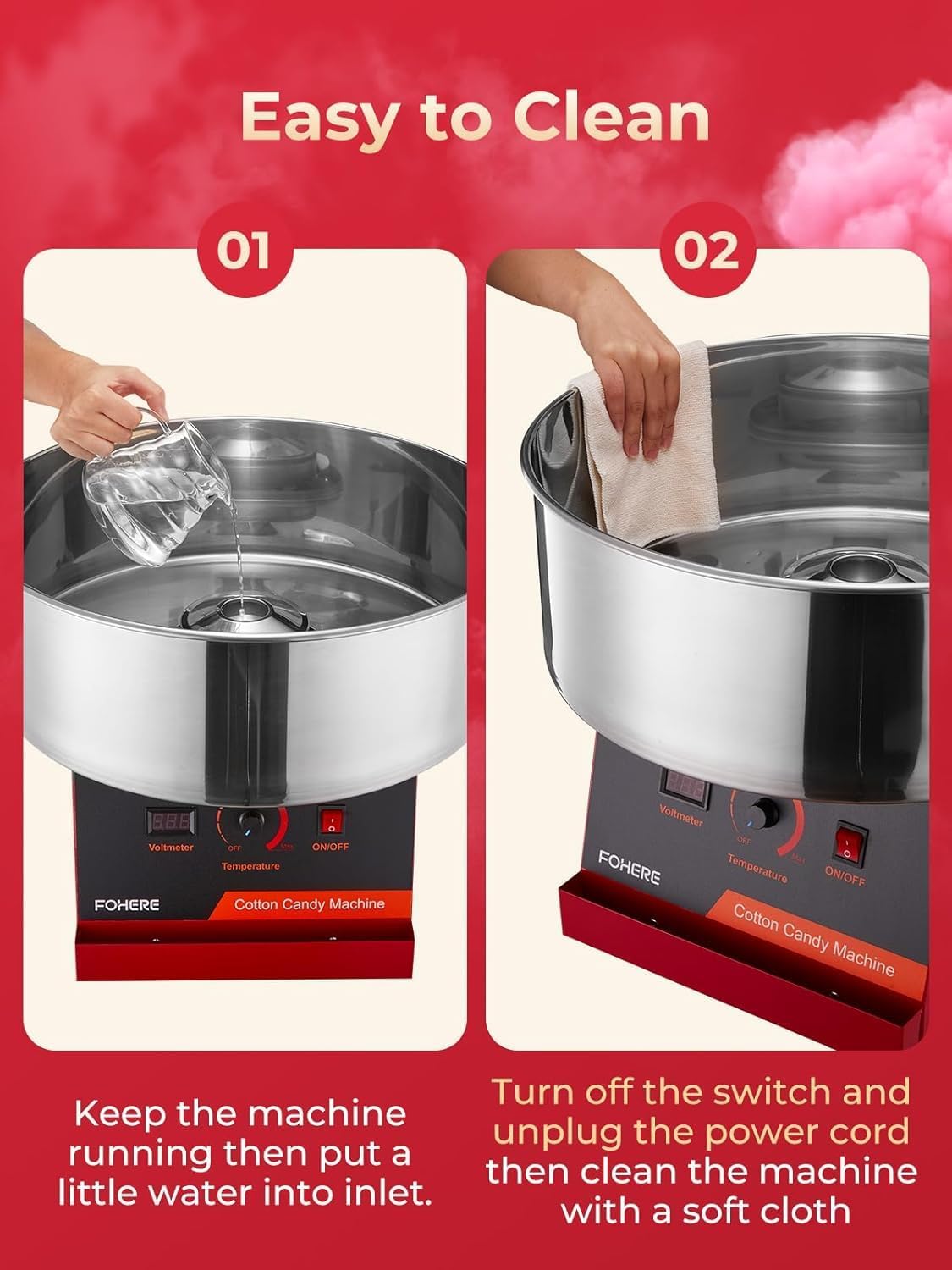 FOHERE 1030W Cotton Candy Machine, Electric Commercial Candy Floss Maker, 20 inch Stainless Steel Bowl,Easy Use for Home Kids Birthday, Family Party, Carnival