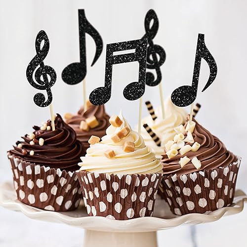 Miniatura 6 de Gyufise 24 piezas de notas musicales para cupcakes, símbolos musicales con purpurina negra, para música rock, concierto, tema de baby shower, boda,
