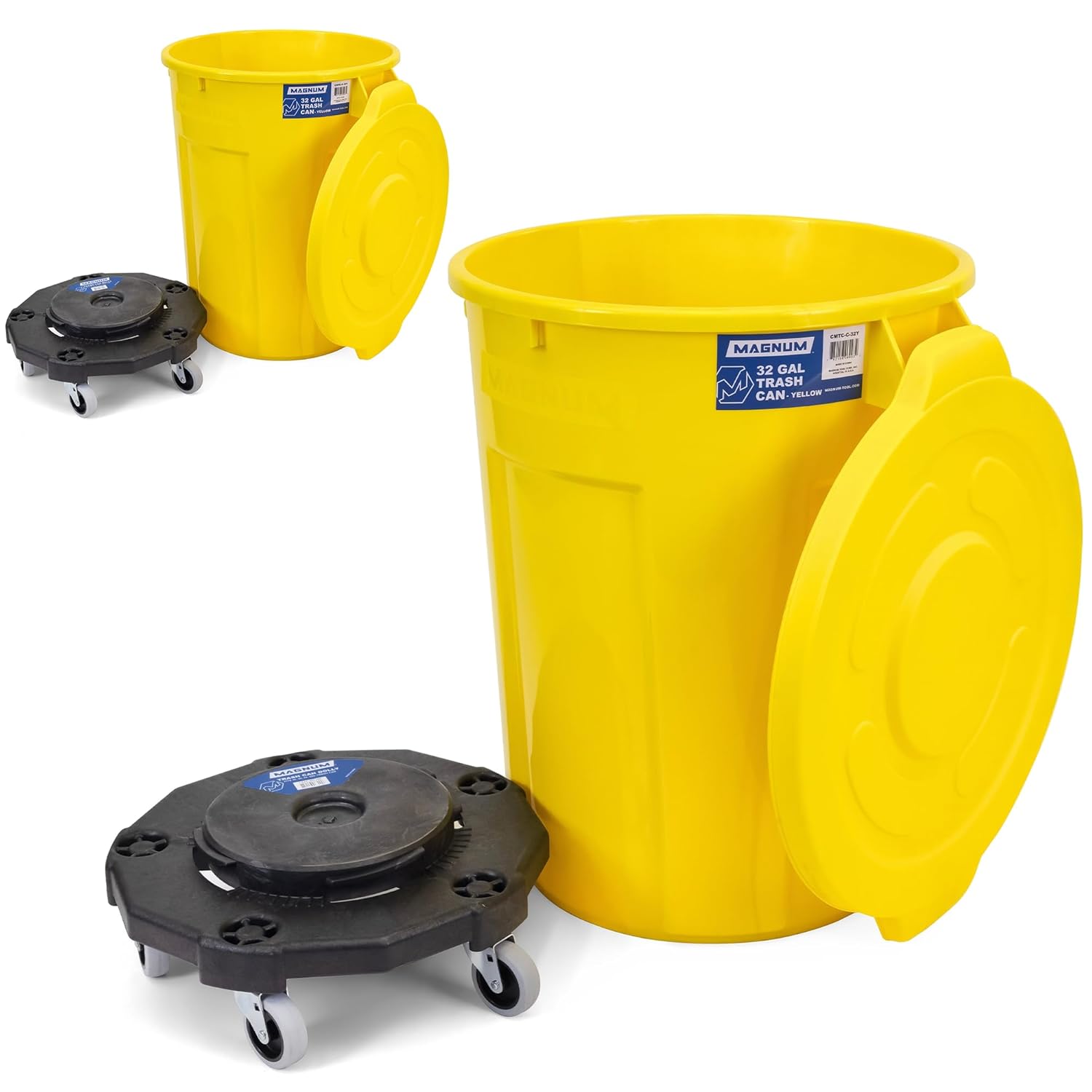 Magnum Yellow 32 Gallon Trash Can Set (Trash Can, Quiet Dolly, and Reinforced Lid), Construction Grade, Jobsite Ready, Non-Marking Wheels & Casters for Rolling Garbage CMTC-CLD0-32Y02 (2 Set)