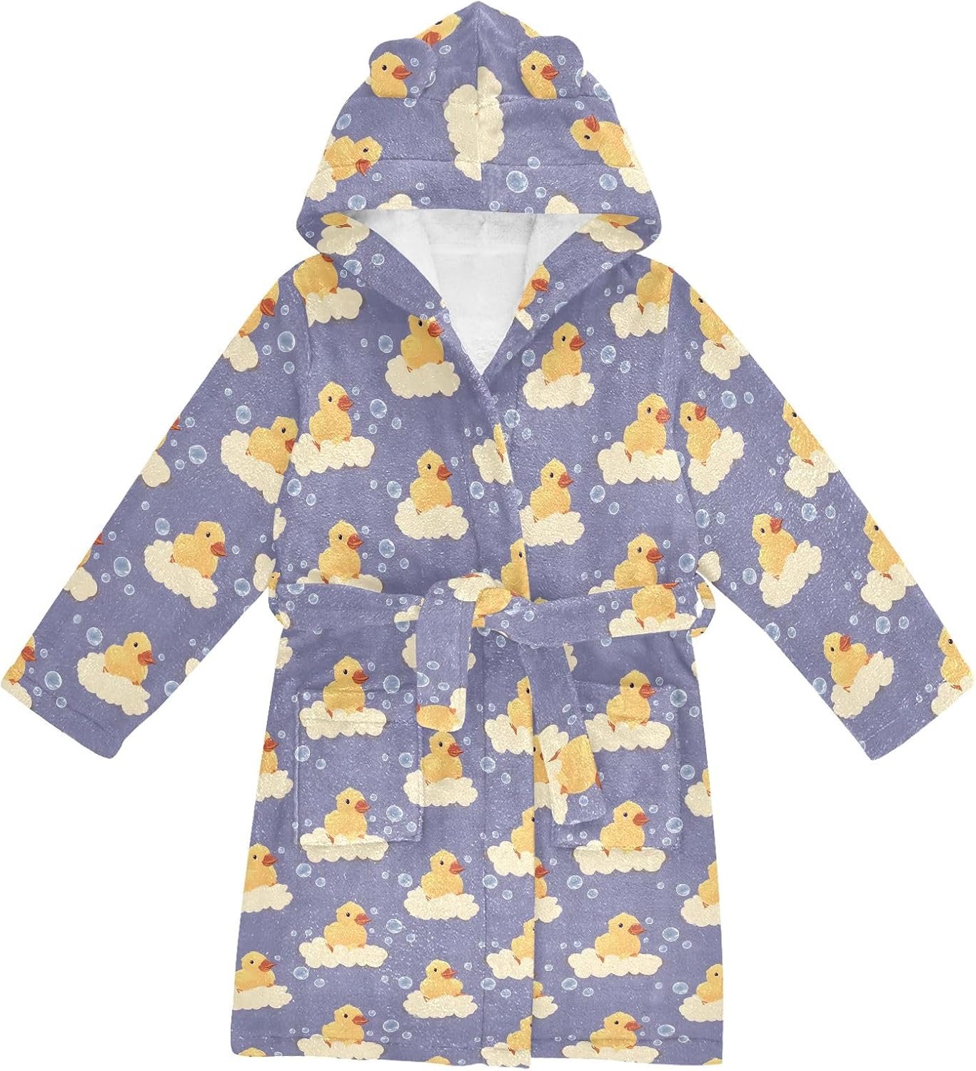Cute Duck Bath Pattern Toddler Hooded Bathrobe for Boys Girls Soft Plush Bath Towel Robe 2-12 Years