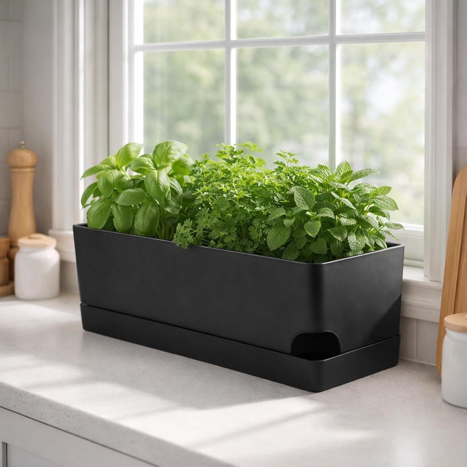 Party Zealot Self Watering Pots for Indoor Plants, 3 Pack Window Boxes Planters 17 Inch Rectangular Planter Rectangle Flower Pots Long Plant Pot Large Window Sill Herb Planter Box, Black