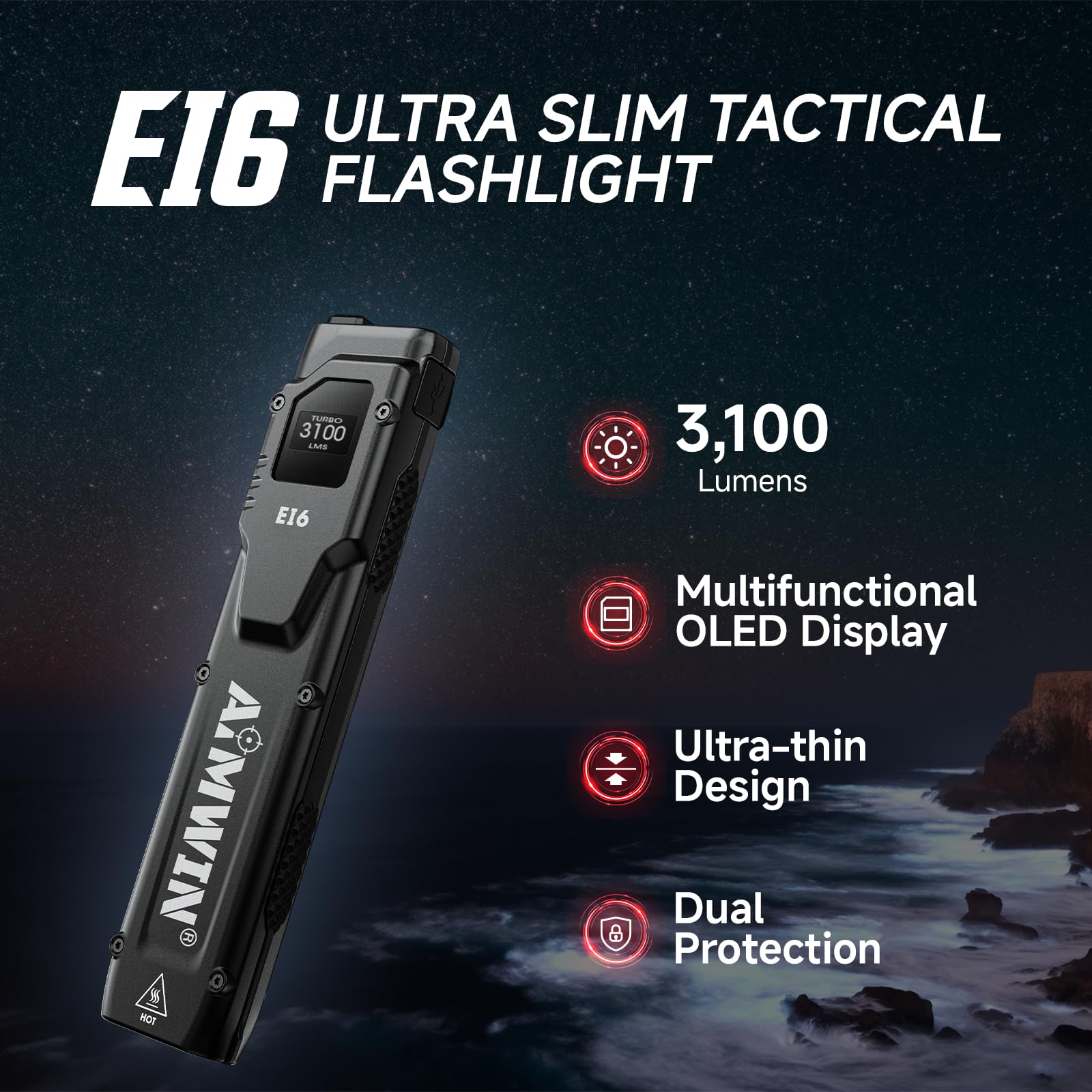 AIMWIN EI6 Linterna EDC 3100 Lúmenes con Pantalla OLED Recargable USB C Linterna Plana Alcance de 305 m Protección Inteligente contra Sobrecalentamiento Doble Interruptor Trasero Turbo Estroboscópico