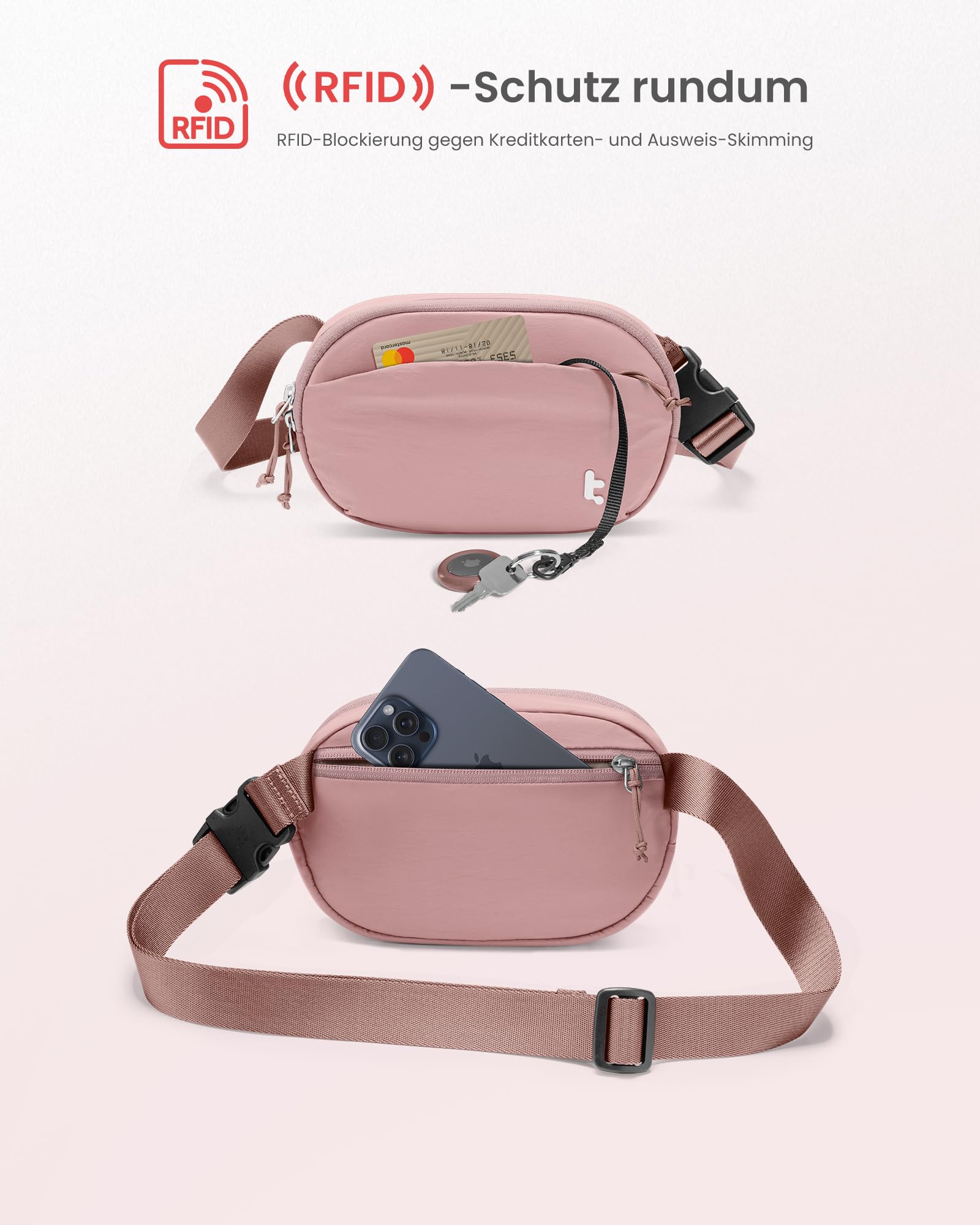 tomtoc Damen Bauchtasche Gürteltasche mit RFID Schutz, 1,5 Liter Klein Sling Bag Brusttasche Hüfttasche Handytasche Umhängetasche Crossbody Bag für Reise, Alltag, Festival, Sport, Wandern, Rosa