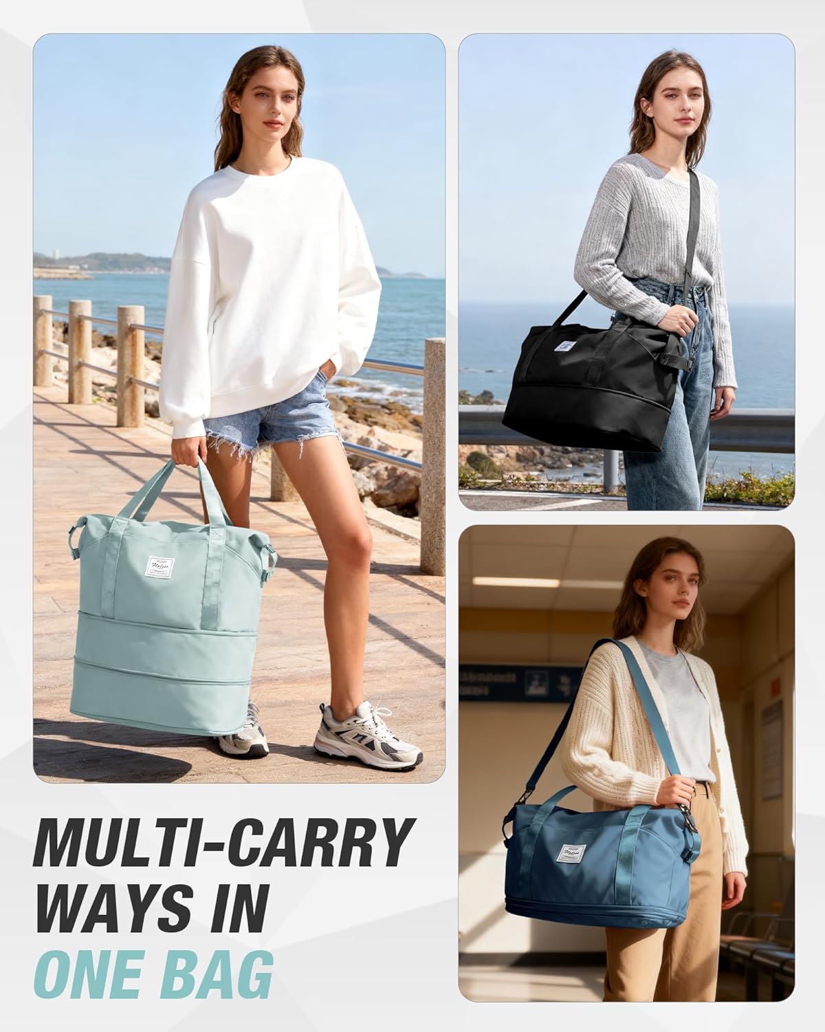 Expandable Travel Duffle Bag for Women Men, Large Gym Bag Travel Tote Bags, Waterproof Carry On Personal Item Bag Airline Approved, Overnight Workout Weekender Bag with Luggage Sleeve, Light Blue - Image 2