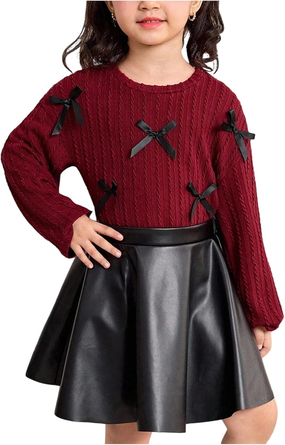 Verdusa Girl's 2 Piece Outfits Cute Bow Long Sleeve Sweater and PU Leather Pleated Mini Skirt Set Birthday Outfit