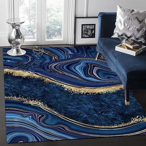 Lujosa alfombra de área con textura de mármol azul zafiro, pintura abstracta de tinta azul marino dorada, alfombra grande antideslizante para