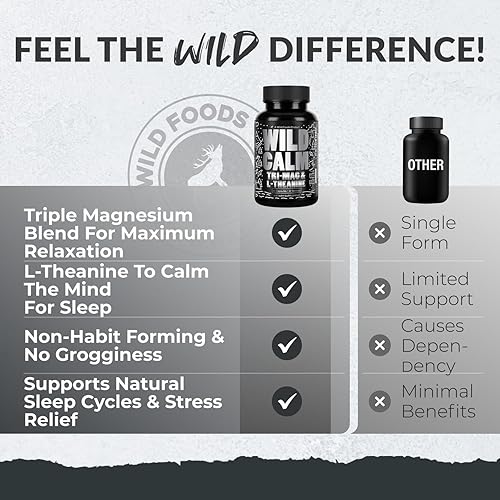 Miniatura 4 de Wild Foods Tri-Mag & L-Teanina  Complejo de Magnesio Triple para el Sueño con L Teanina  Glicinato de Magnesio, Malato, Taurato  100% Natural  60