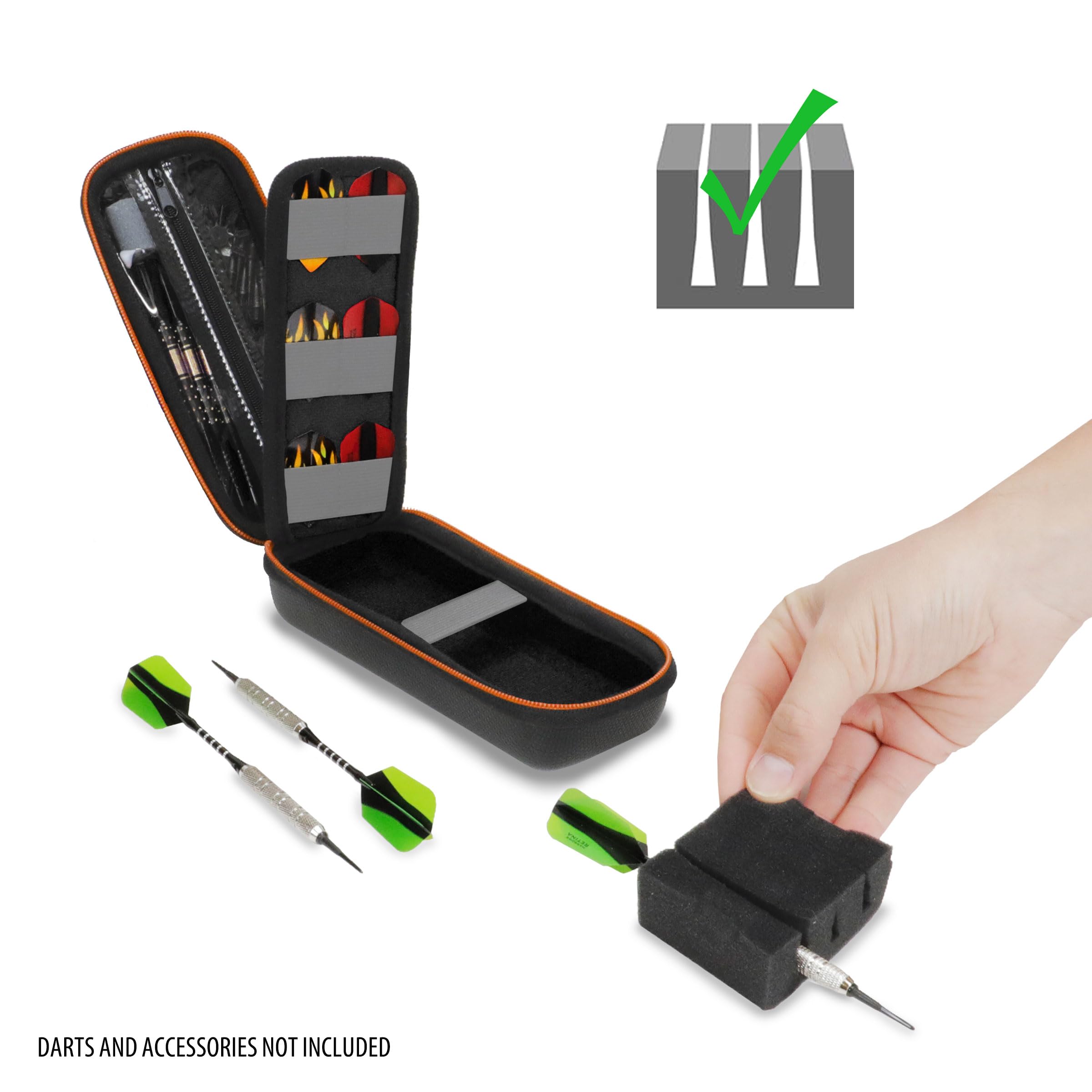 USA Gear Funda para Dardos - Estuche 3 Dardos de Punta Blanda con Compartimento Puntas de Plástico, 12 Ranuras Plumas, Varillas y Otros Accesorios - Diseño de Espuma con Cierre Seguridad (Negro) — view 2