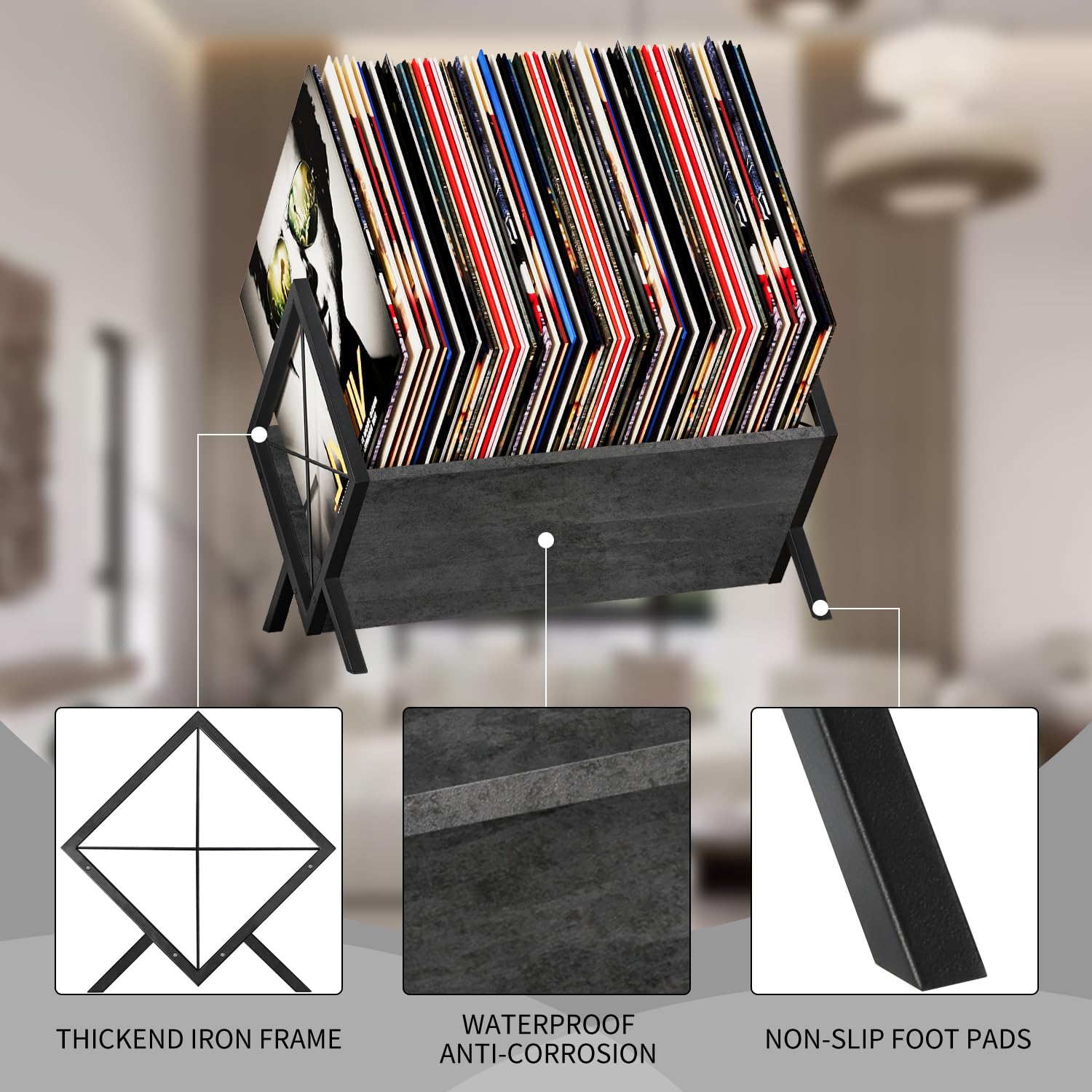 YINMIT Soporte para discos de vinilo, estante de almacenamiento de discos de vinilo de 80-100 LP, exhibición de discos de vinilo de montaje rápido, organizador de estilo retro para revistas, libros,