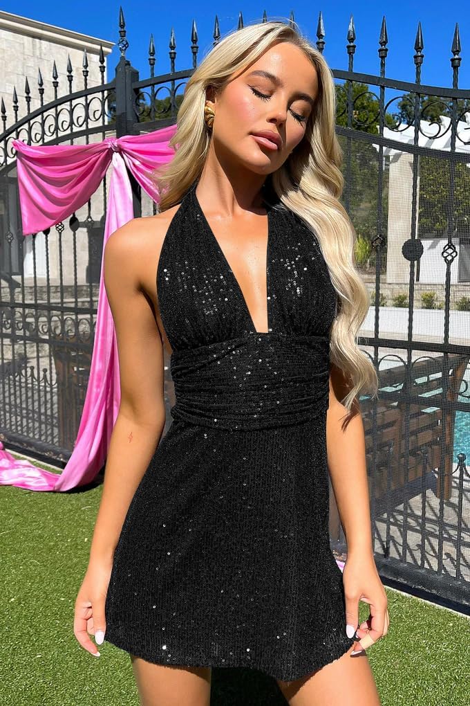 Memoriesea Women Sequin Sexy V Neck Glitter Sleeveless Party Night Out Mini Club Dress - Image 2