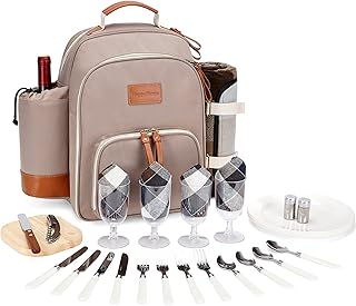 HappyPicnic Zaino da picnic isolato per 4 persone con set di posate in acciaio inox, capiente scomparto refrigerante, portabottiglie e grande tappetino impermeabile (kaki)