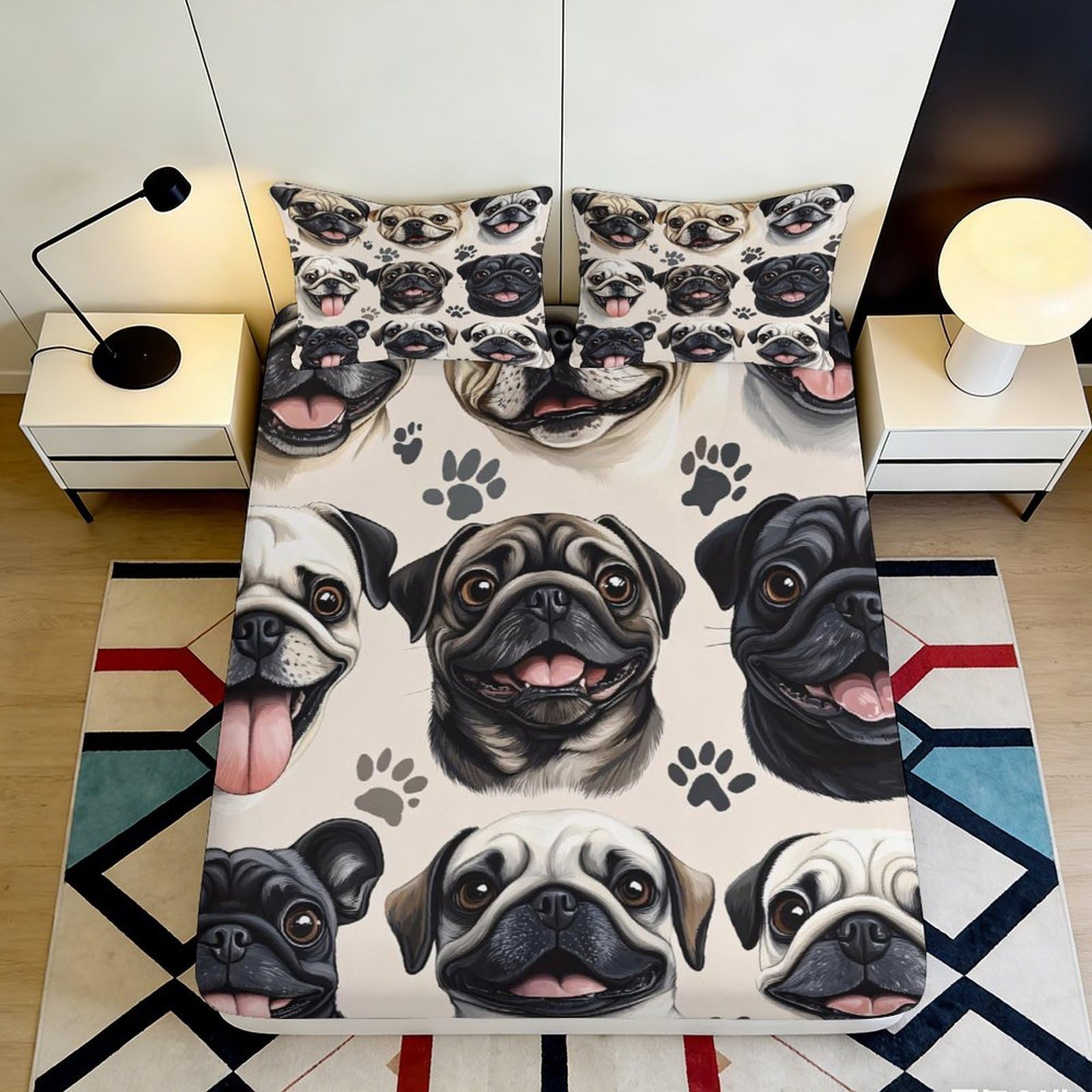 3D Printed Pug Dog Fitted Sheet Microfiber Cartoon Paw Mattress Cover for Bedroom Dorm Easy Care Non Slip Beige 140x200x25cm