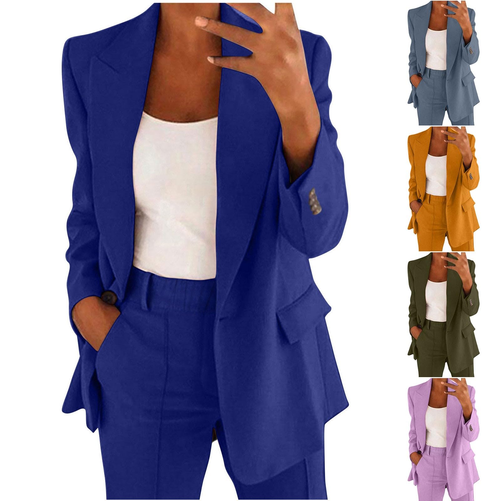 Generisch Tuta da donna elegante, blazer e pantaloni da lavoro, set da 2 pezzi, giacca e pantaloni, vestibilità aderente, tuta da donna, tinta unita, per il tempo libero