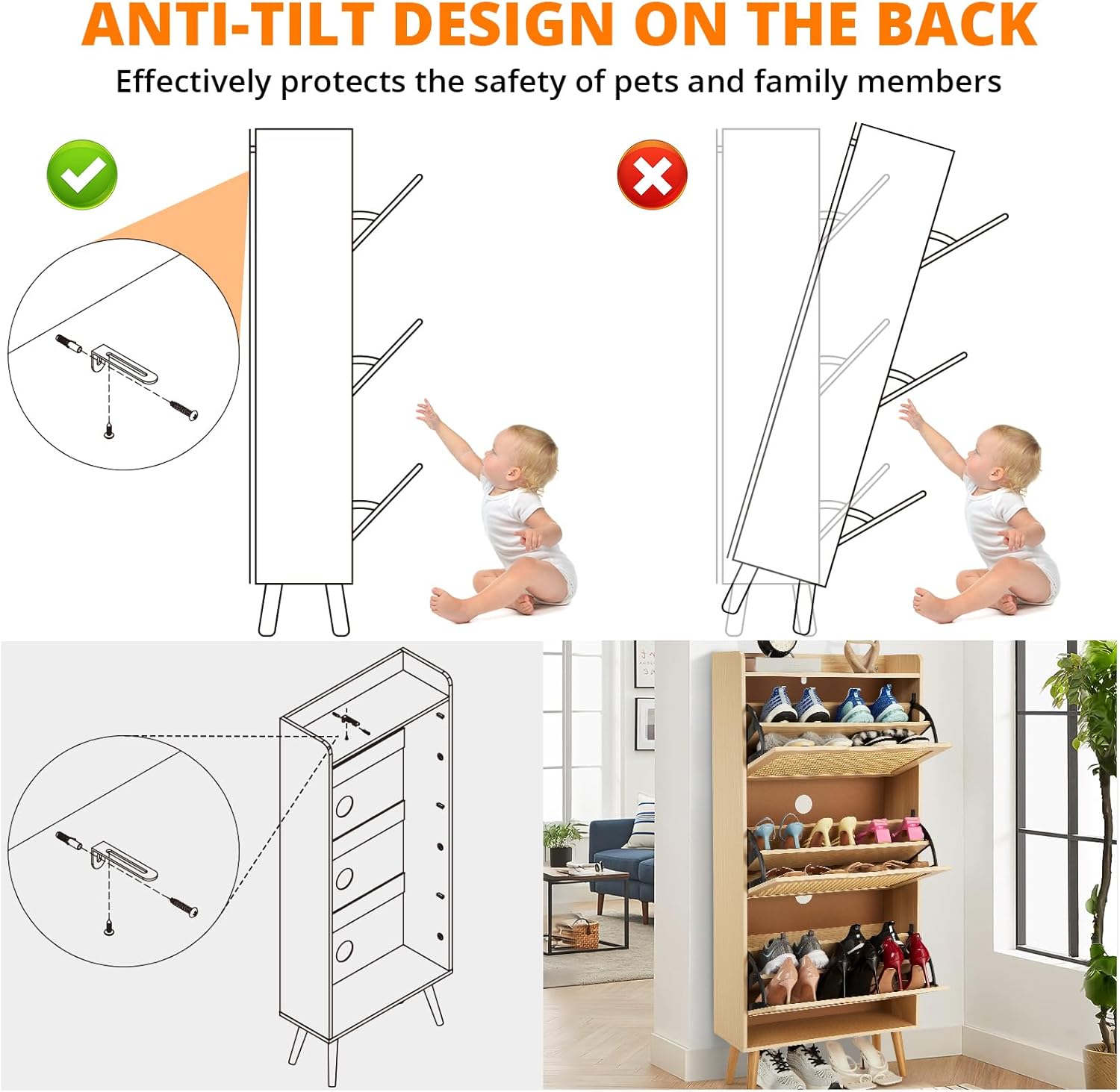 Shoe Storage Cabinet with Flip-Drawers - Ventilated & Odor-Resistant Organizer for 15-20 Pairs of Shoes, Easy Assembly Anti-Tip Shoe Cabinet for Entryway, Hallway, Bedroom, Multifunctional MDF