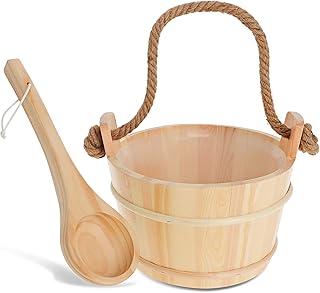 7Penn Wooden Sauna Bucket and Ladle Set 4L with Removable Plastic Liner, Rope Handle, 100mL Spoon - Infrared Sauna Accessories Barrel Sauna Bowl - Spa Bath Steam Room Large Wooden Spoon Sauna Tools