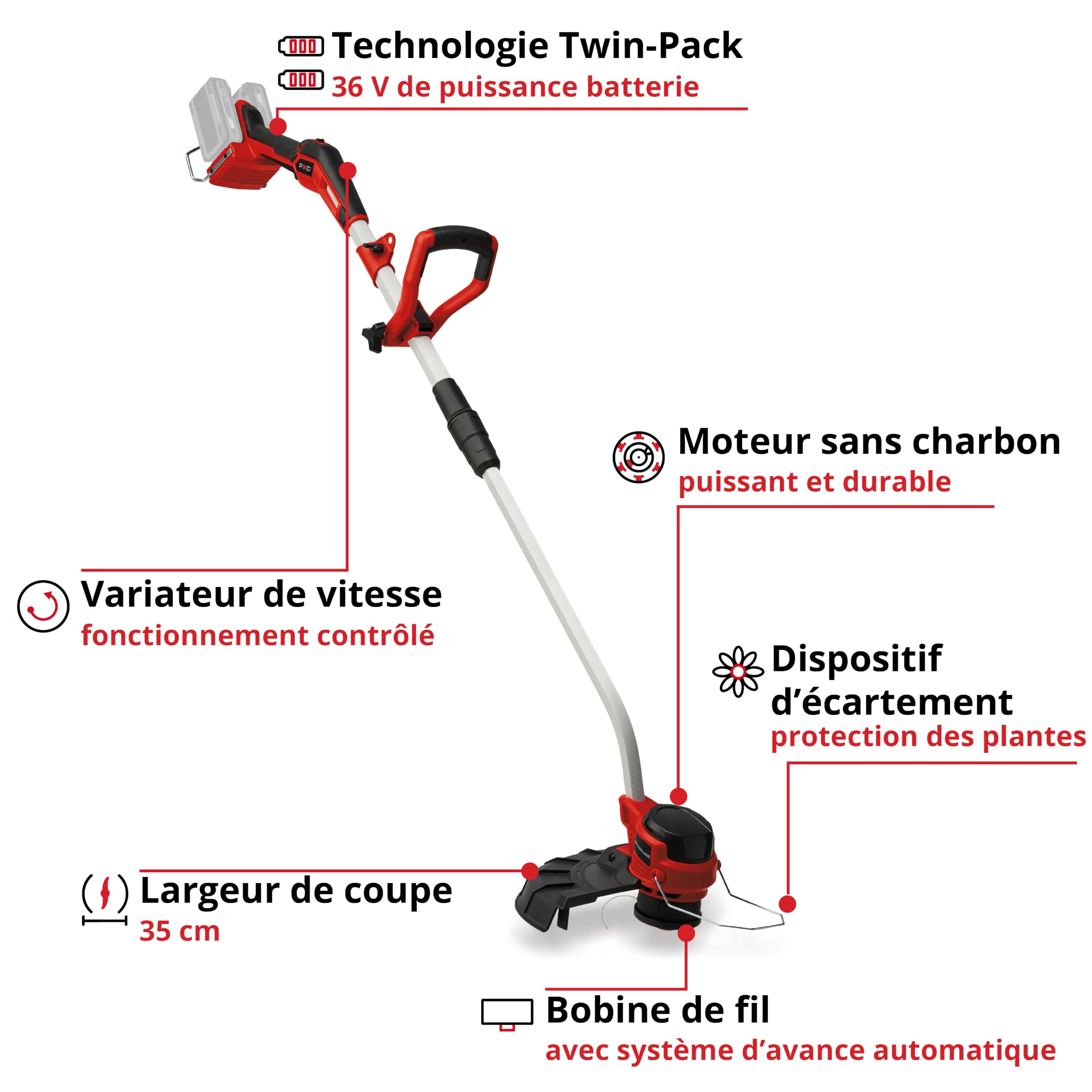 Einhell Professional Coupe-Bordures sans Fil GP-CT 36/35 Li BL-Solo Power X-Change (36 V, Bobine de Fil avec avance Automatique, Brushless, Dispositif d’écartement) + Twincharger et 2 Batteries 4,0Ah