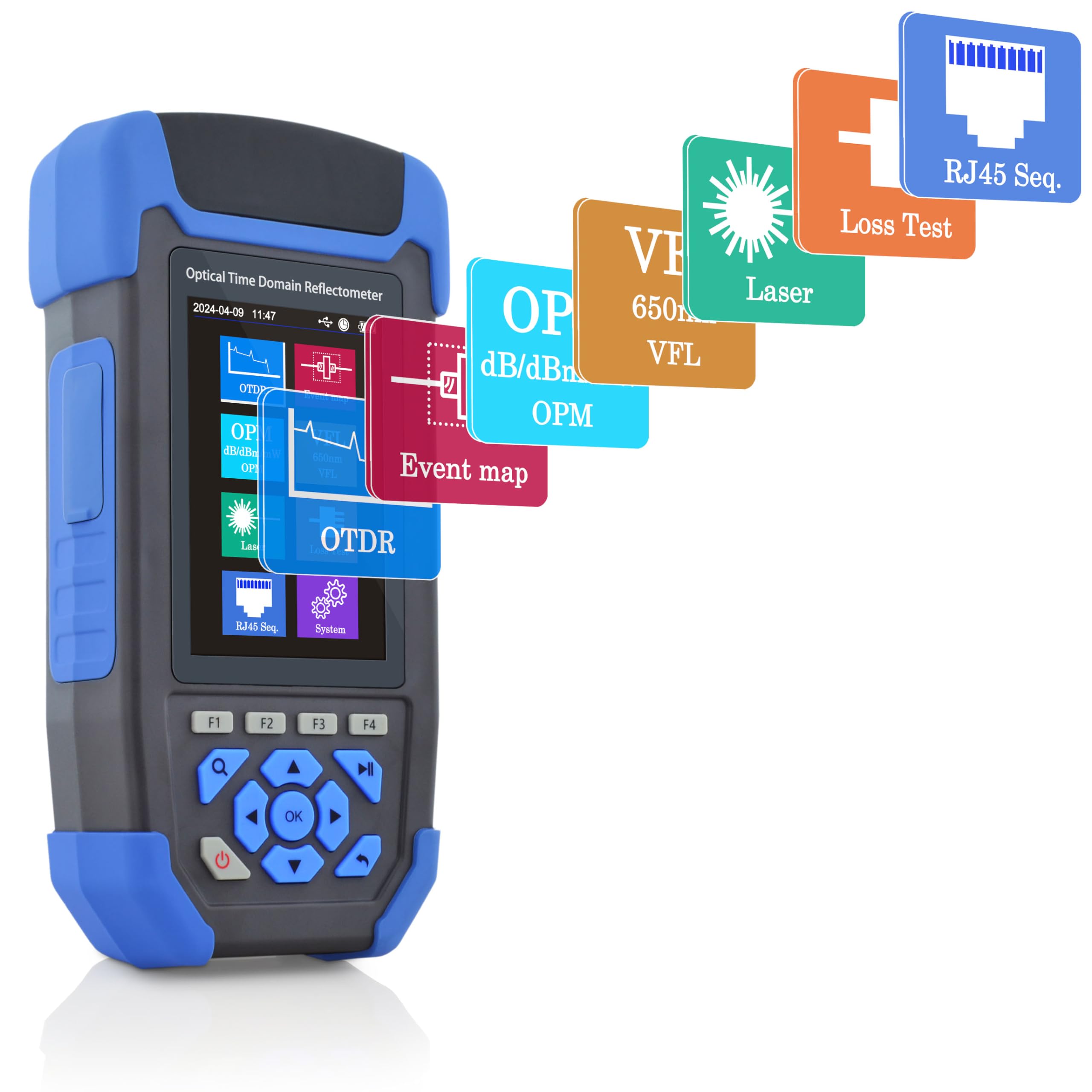 1310nm/24dB+1550nm/22dB SM OTDR avec OPM+OLS+VFL+Carte des Événements+Test de Perte+Séquenceur RJ45+Traceur de Câble RJ45 Testeur de Fibre Optique Compatible avec APC&UPC SC+FC+ST+LC-SS303T-2A1