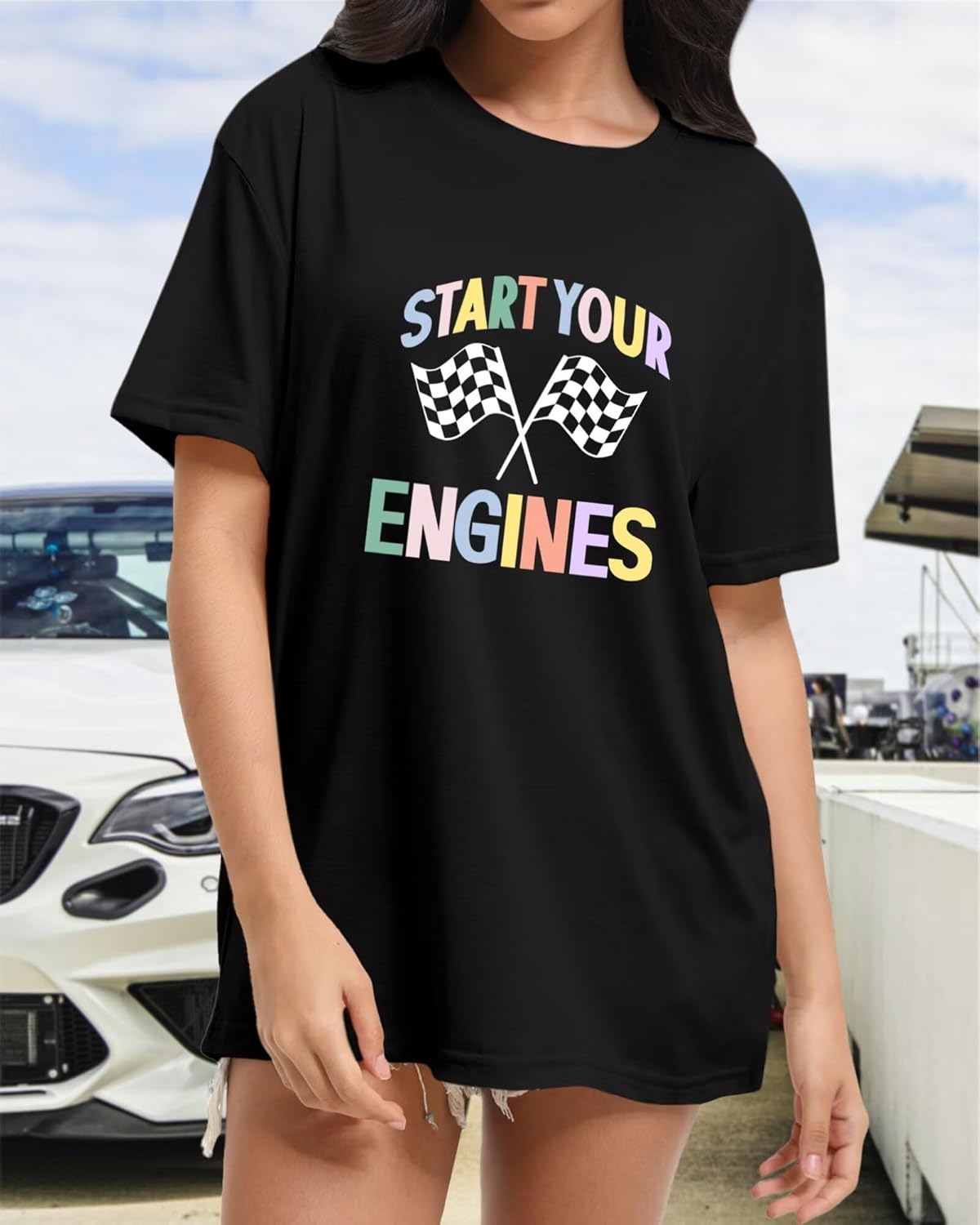 Women Racing Shirt Start Your Engines Tshirt Checkered Flag Short Sleeve Race Car T-Shirt Race Lover Casual Tee - Image 2