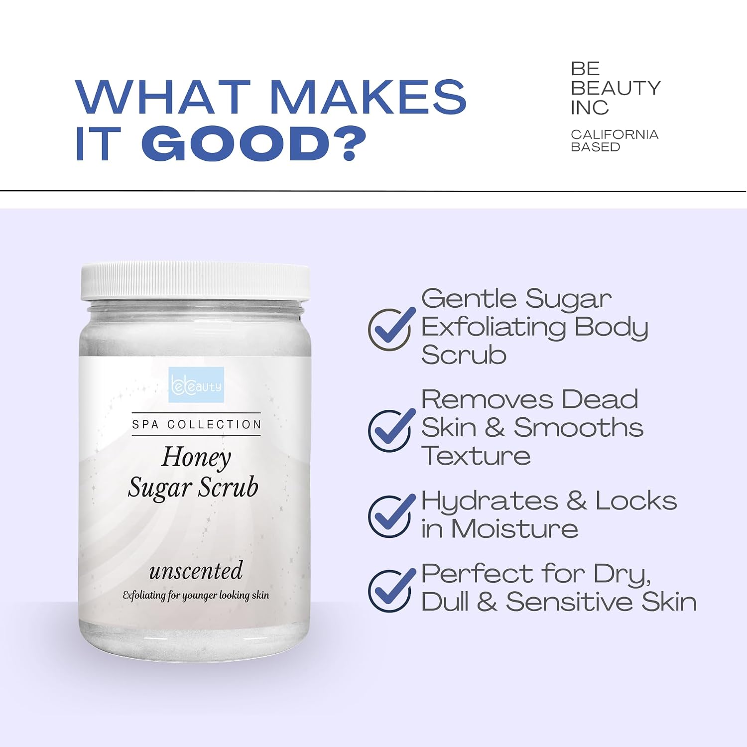 Unscented Honey Sugar Scrub for Sensitive Skin Gentle Exfoliating Body Scrub with Honey, Hydrating & Fragrance-Free Formula Smooth, Soft, Glowing Skin by BeBeauty 32 oz