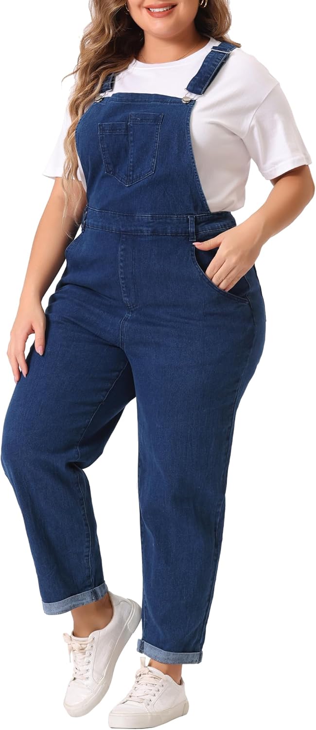 Agnes Orinda Women's Plus Size Casual Stretch Adjustable Denim Bib Overalls Jeans Pants Jumpsuits