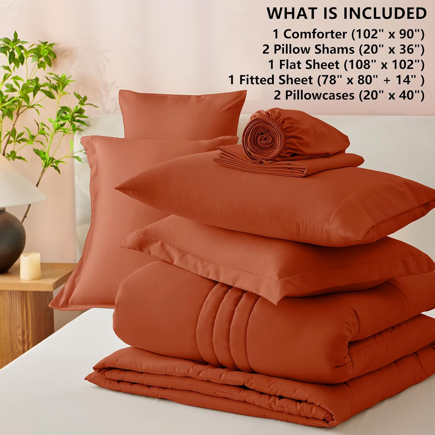 CozyLux King Size Comforter Sets - 7 Piece Bed in a Bag Terracotta Comforter Set with Sheets Bed Set All Seasons, Soft Bedding Set with Down Alternative Comforter, Sheets, Pillowcases & Shams - Image 8