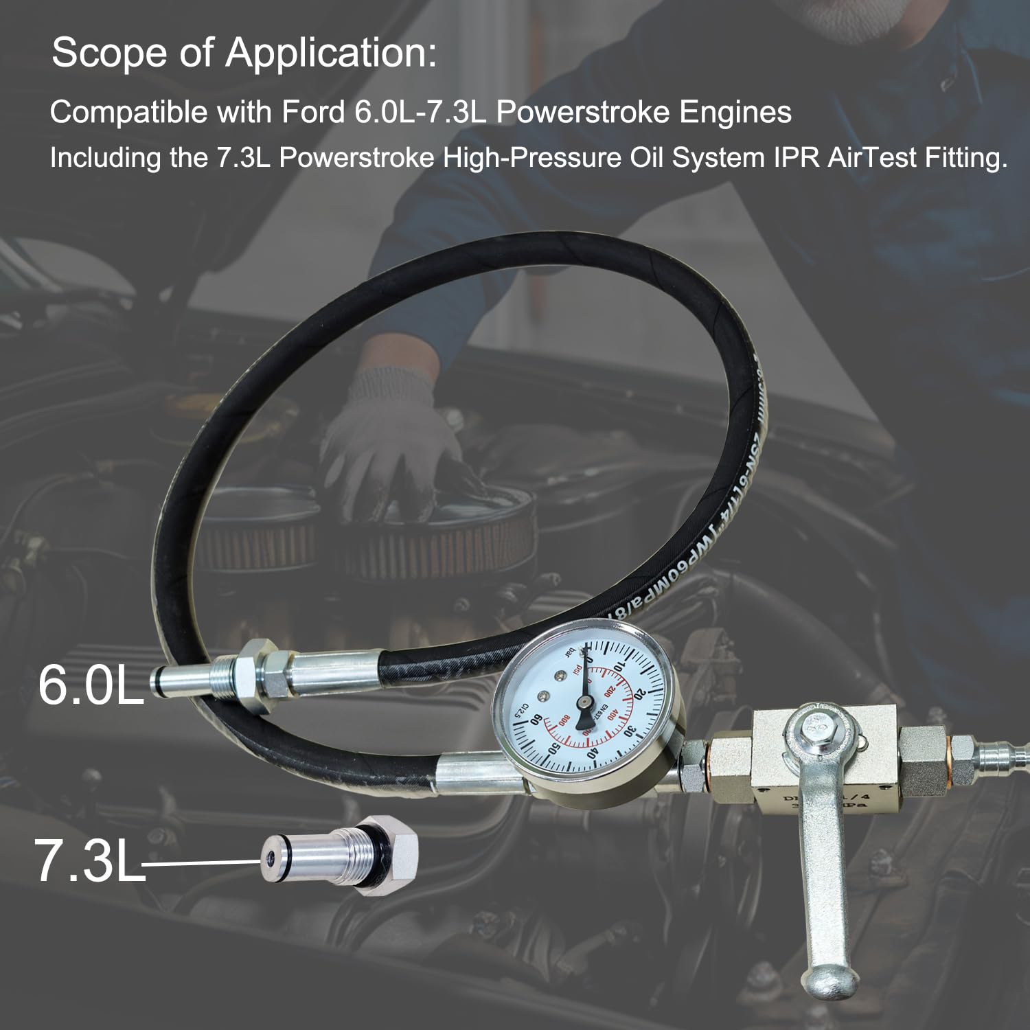 Professional IPR Air Test Kit Compatible with Ford 6.0L & 7.3L Powerstroke Diesel Engines - High-Pressure Oil System Leak Detection Tool with Adapter Fitting, O-Rings, and Shutoff Valve