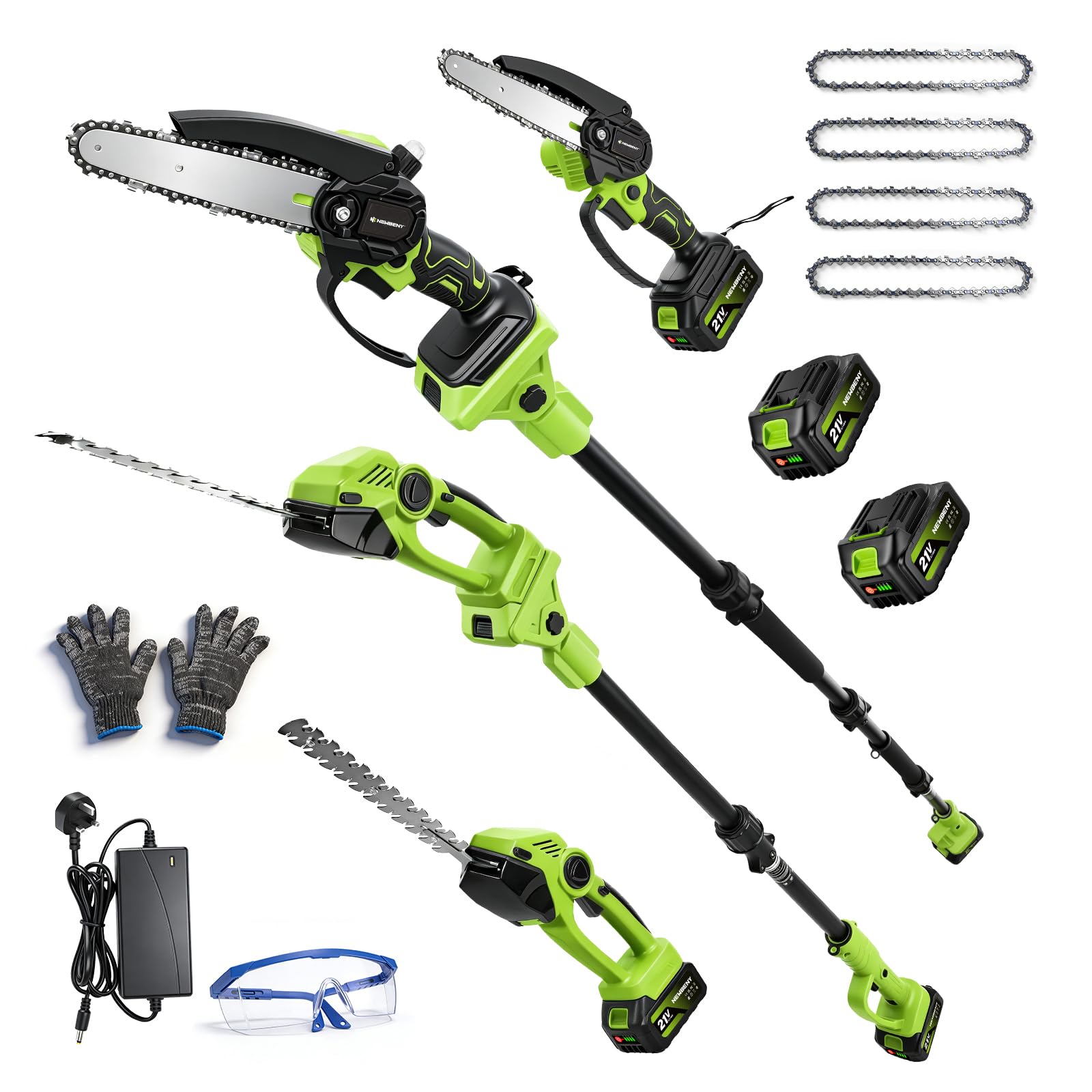 NewBeny 40cm Pole Hedge Trimmer & 6’’ Small Chainsaw with 2x3.0Ah Batteries