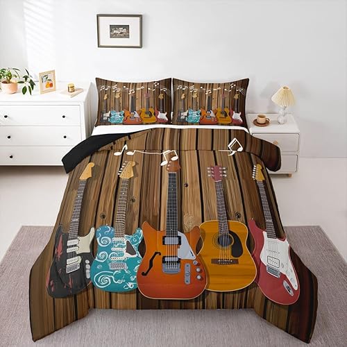 Erosebridal Juego de ropa de cama de guitarra, tamaño individual, juego de edredón de música hiphop rock, hippie, rock, notas musicales, edredón de