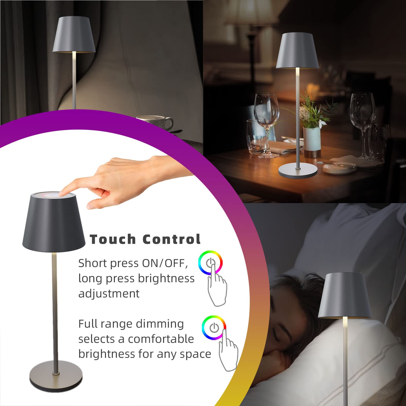 FUYO Lampes de table sans fil tactile rechargeable aluminium IP54 8 couleurs LED Gris