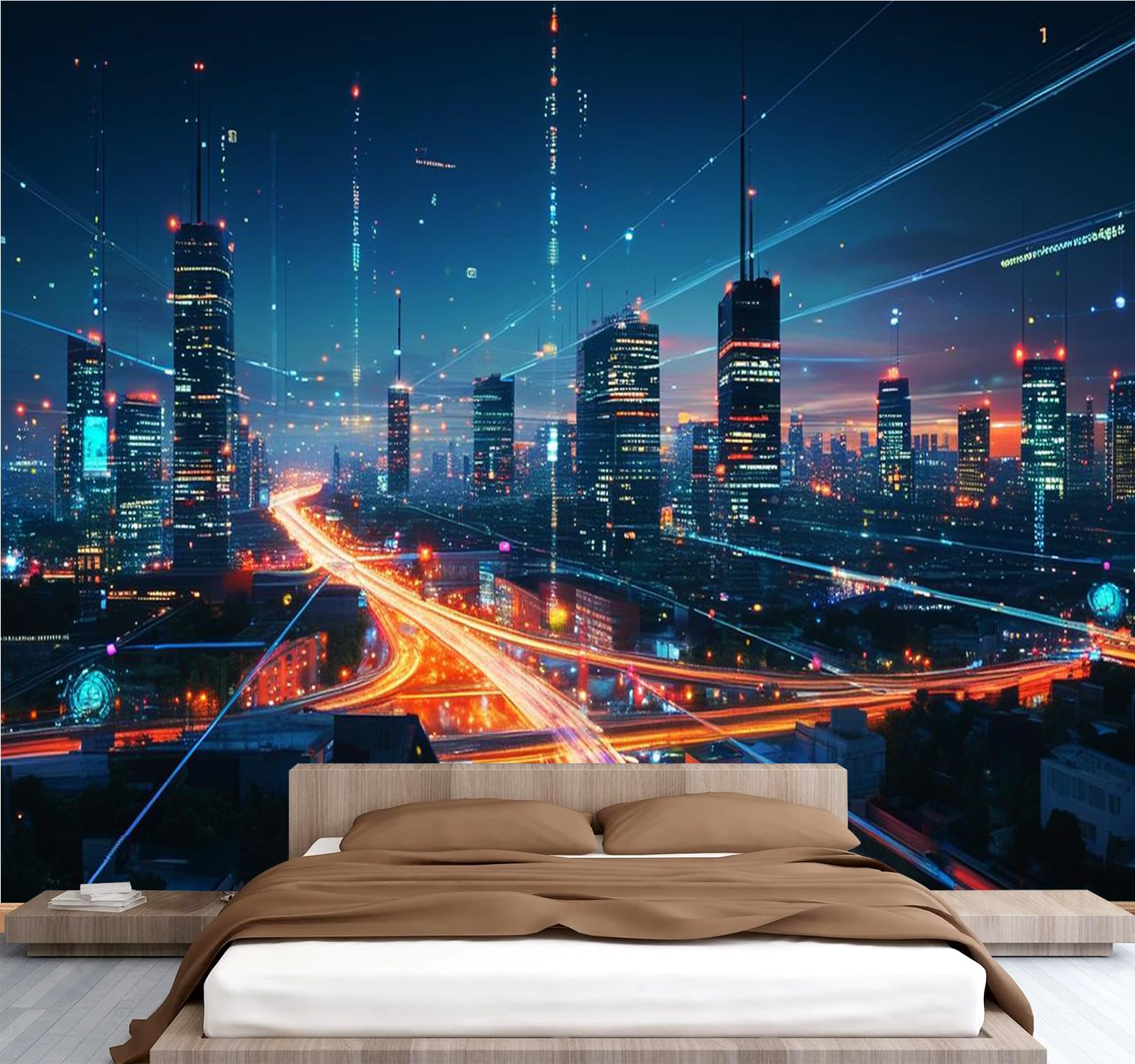 Carta da parati effetto 3D Città Moderna 366x 254 cm Murale Non Tessuto Vista Notturna Fotomurale Stampa HD Moderna Poster Per Soggiorno E Camera Da Letto Design 2M1000