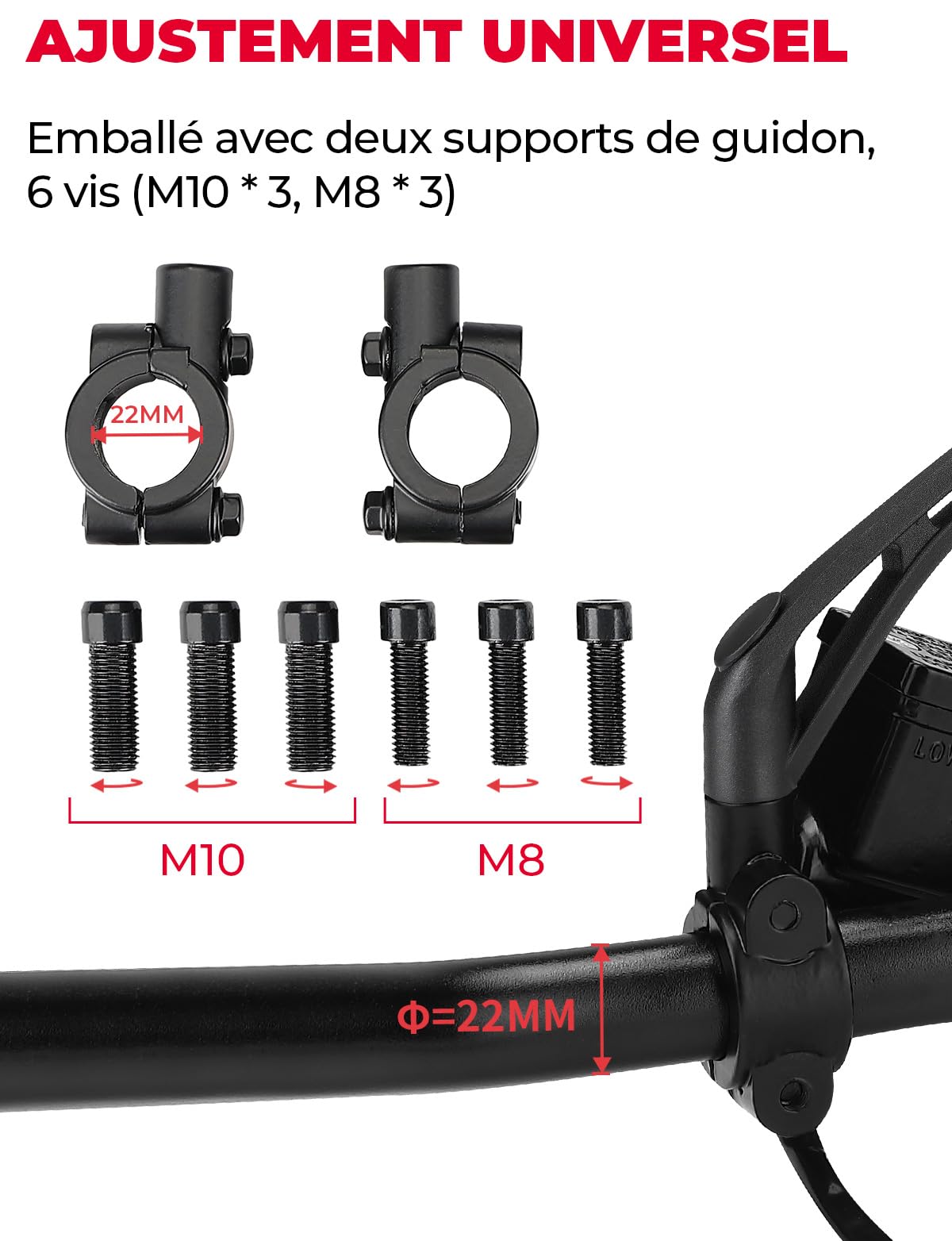 KEMIMOTO Rétroviseur Moto Homologués Universel M8 et M10, Rétroviseur Moto avec Support, Rétroviseur Latéral Arrière, Rétroviseur Scooter Compatible avec MT07, MT09