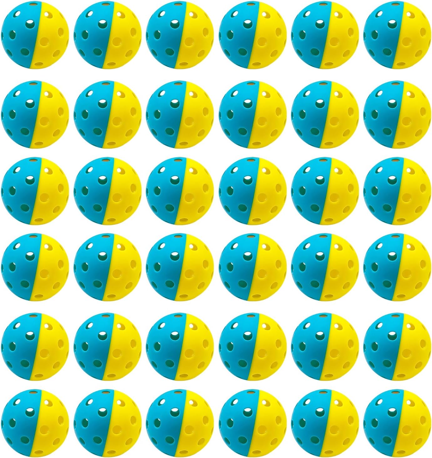36-Pack Premium Outdoor Pickleball Balls | 40 Holes Fluorescent Green Balls | All-Surface Play | Crack-Resistance | Convenient Drawstring Mesh Bag, Yellow+Sky Blue