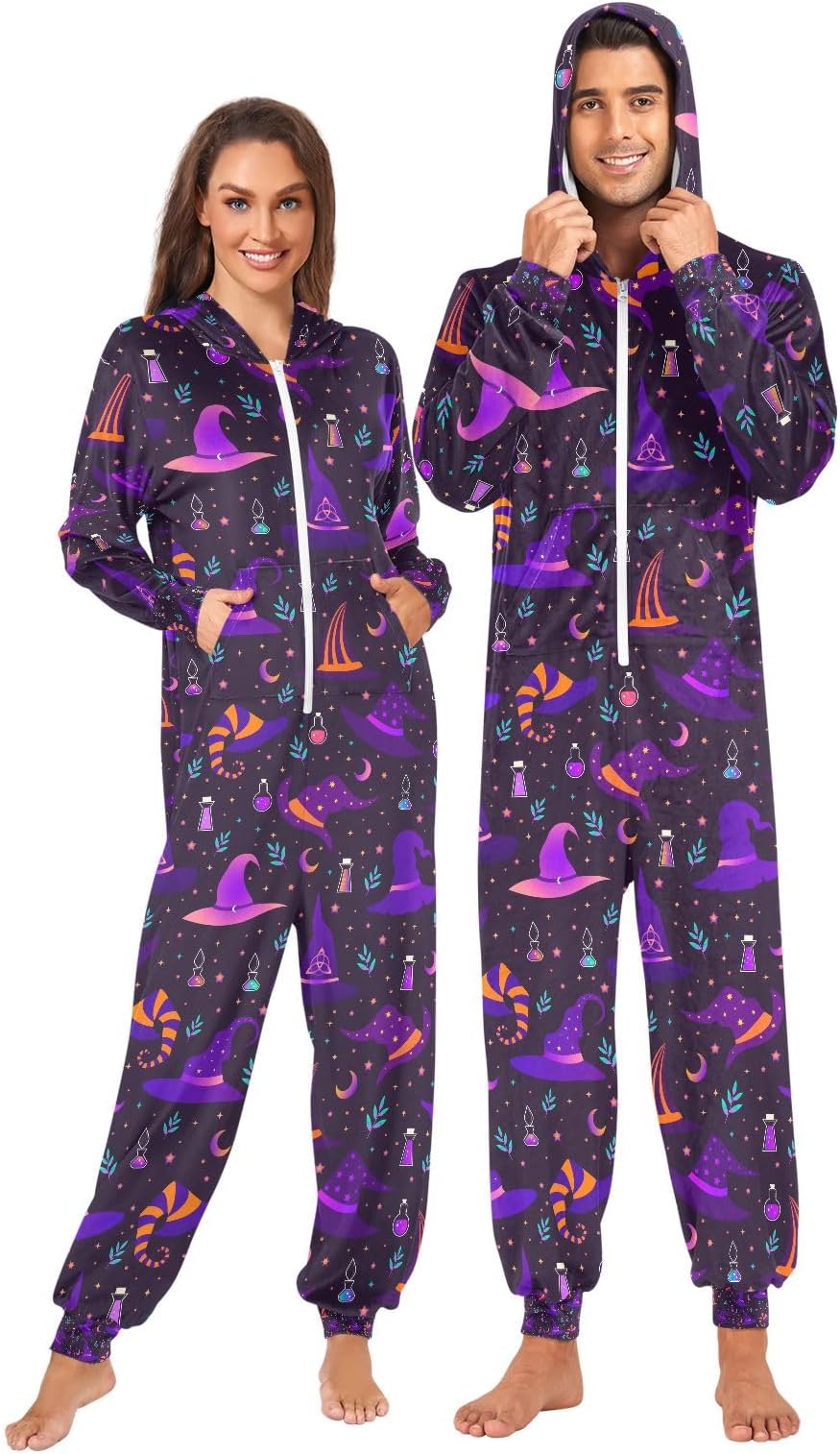 senya Witch Hats Stars Moon Unisex Adult Onesie Pajamas Hooded One Piece Jumpsuit Sleepwear with Pocket for Women Men