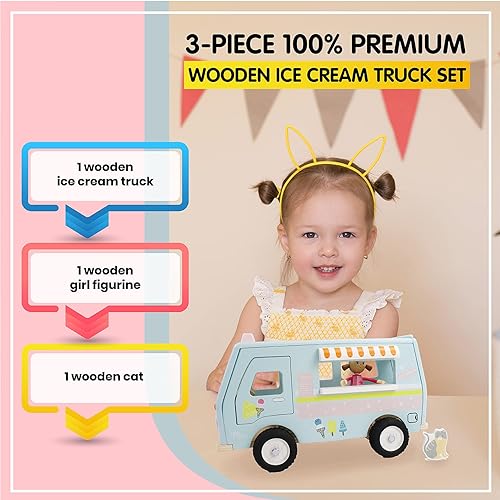 Miniatura 4 de Leo & Friends Camioneta de helado de madera - Juguete educativo para niños pequeños - Juguete de 3 años en adelante - Juguete de camión de helado de