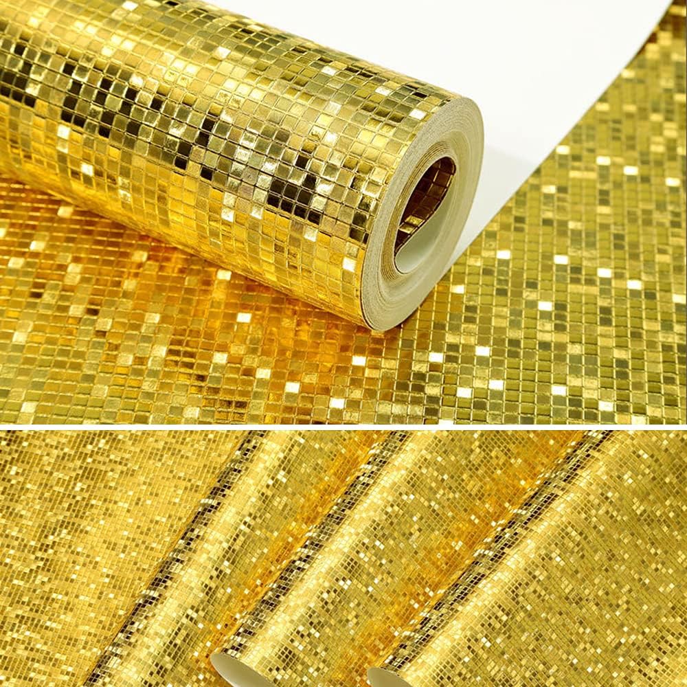 Q QIHANG 1.73' W x 32.8'L Small Gold Foil Lattice Mosaic Reflective Modern Style KTV Bar Wall Paper PVC Non-Pasted Wallpaper (Gold)