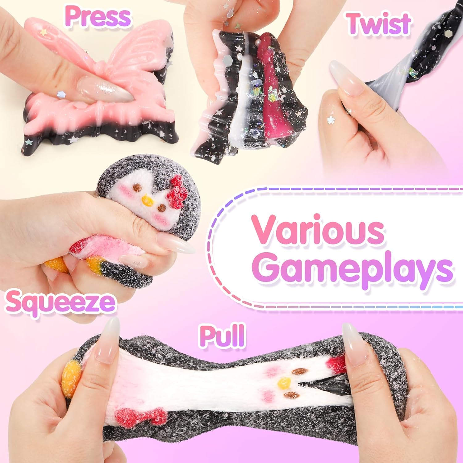 CatchCute Fidget Squeeze Toys Set 5PCS, Squishies Sensory Toys Includes Penguin Starfish Seashell Flower Butterfly for Stress Relief, Sticky Toys Party Favors Birthday for Kids Teens