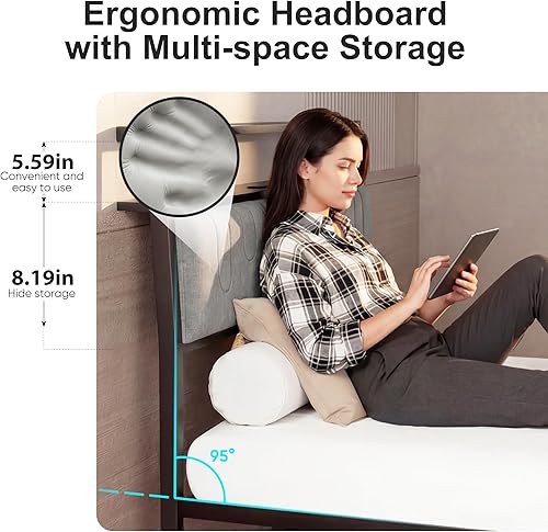 Miniatura 4 de Base de cama Queen con 2 cajones, marco de cama de plataforma con luces LED y estación de carga, cabecera tapizada, listones de metal resistente, no