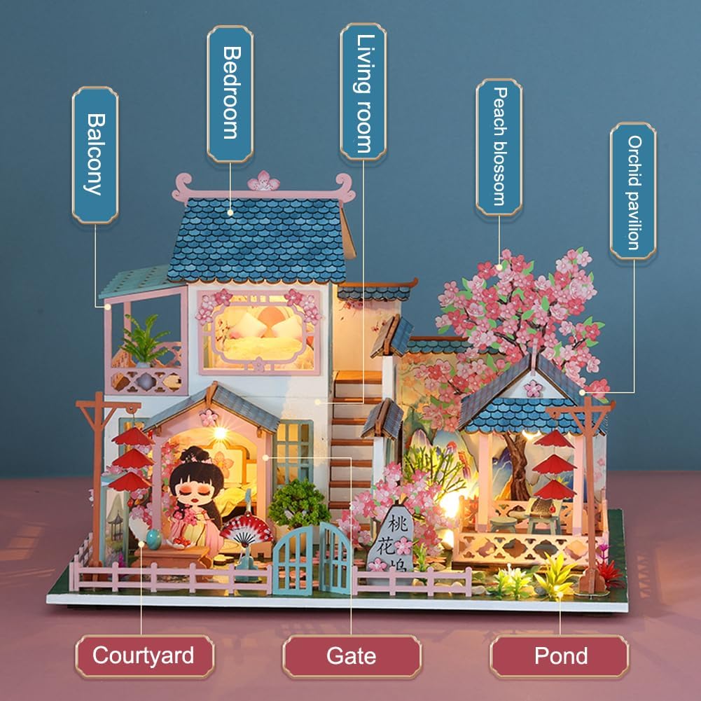 Yuzhen DIY Miniature Dollhouse with Furniture and LED Lights, Ancient Style Wooden Mini-House Includes Dustcover and Music Movement, Exquisite Home Decor