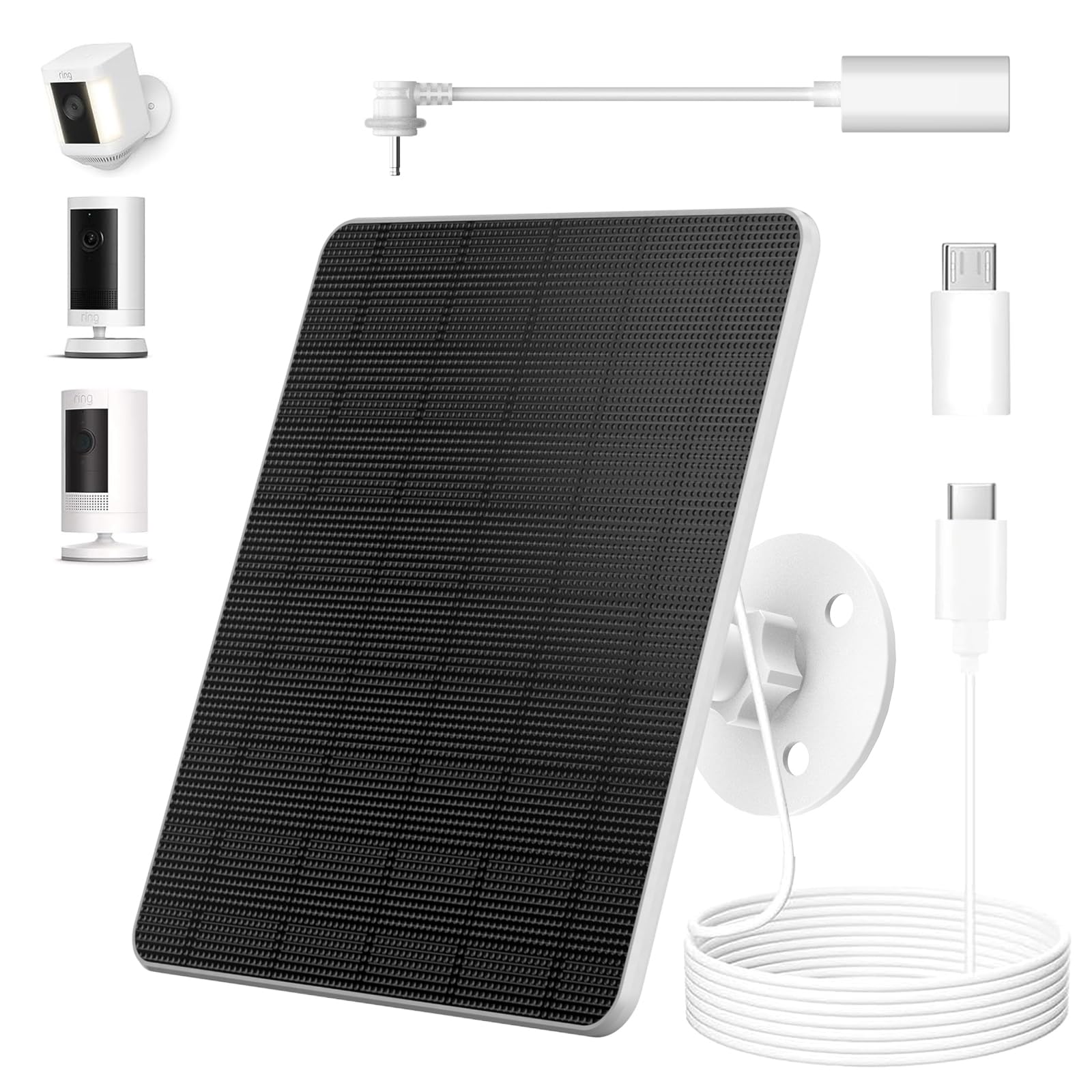 Pannello solare da 5 W per fotocamera ad anello, compatibile con riflettori ad anelli e batteria per esterni Stick Up, include spina a cilindro a adattatore micro USB e porta USB-C, 3600 mAh