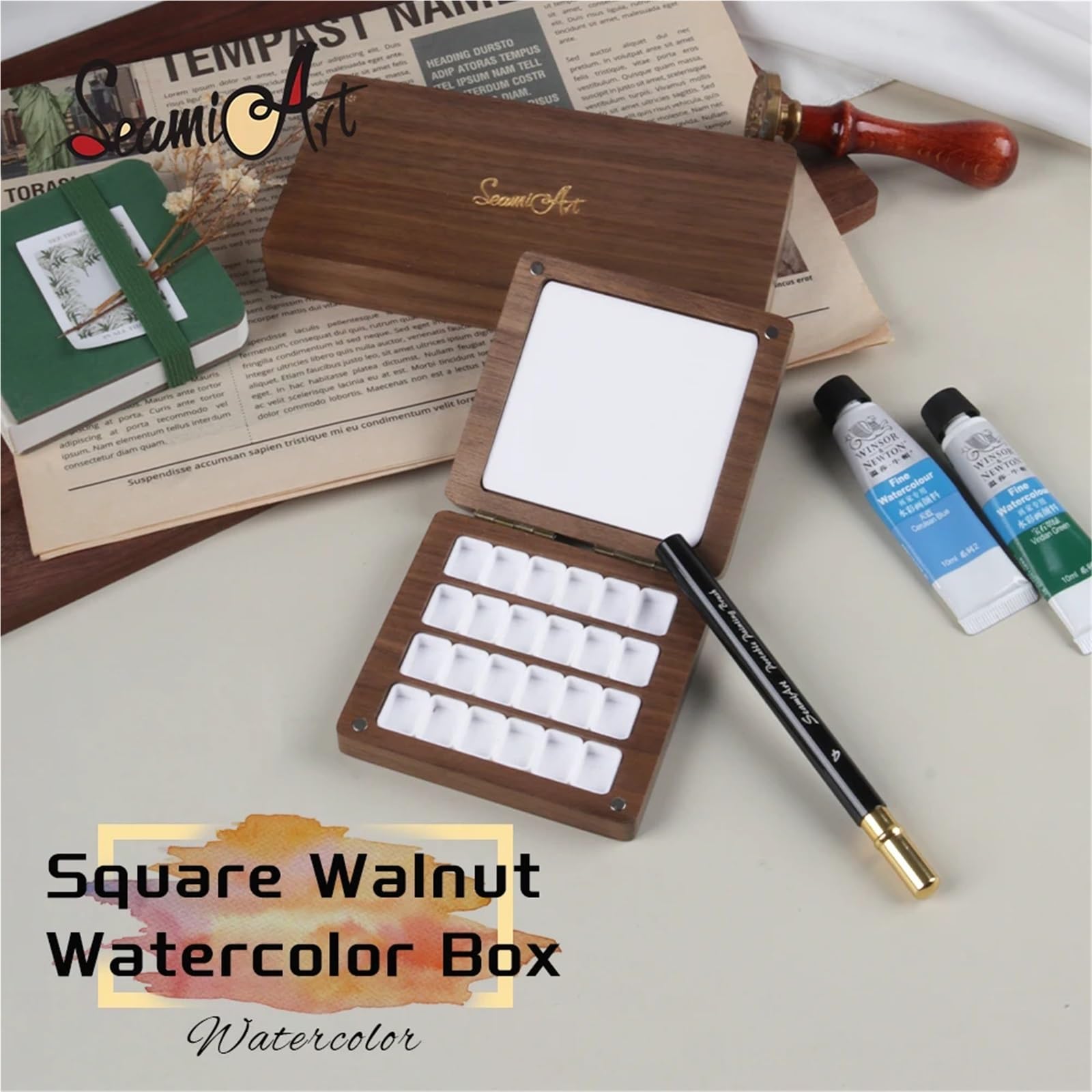 Taca do mieszania farb, Zestaw palet do mieszania farb akwarelowych z pudełkiem paletą czarnego orzecha i półmiskami o pojemności 0,5 ml(Wooden Box Set)